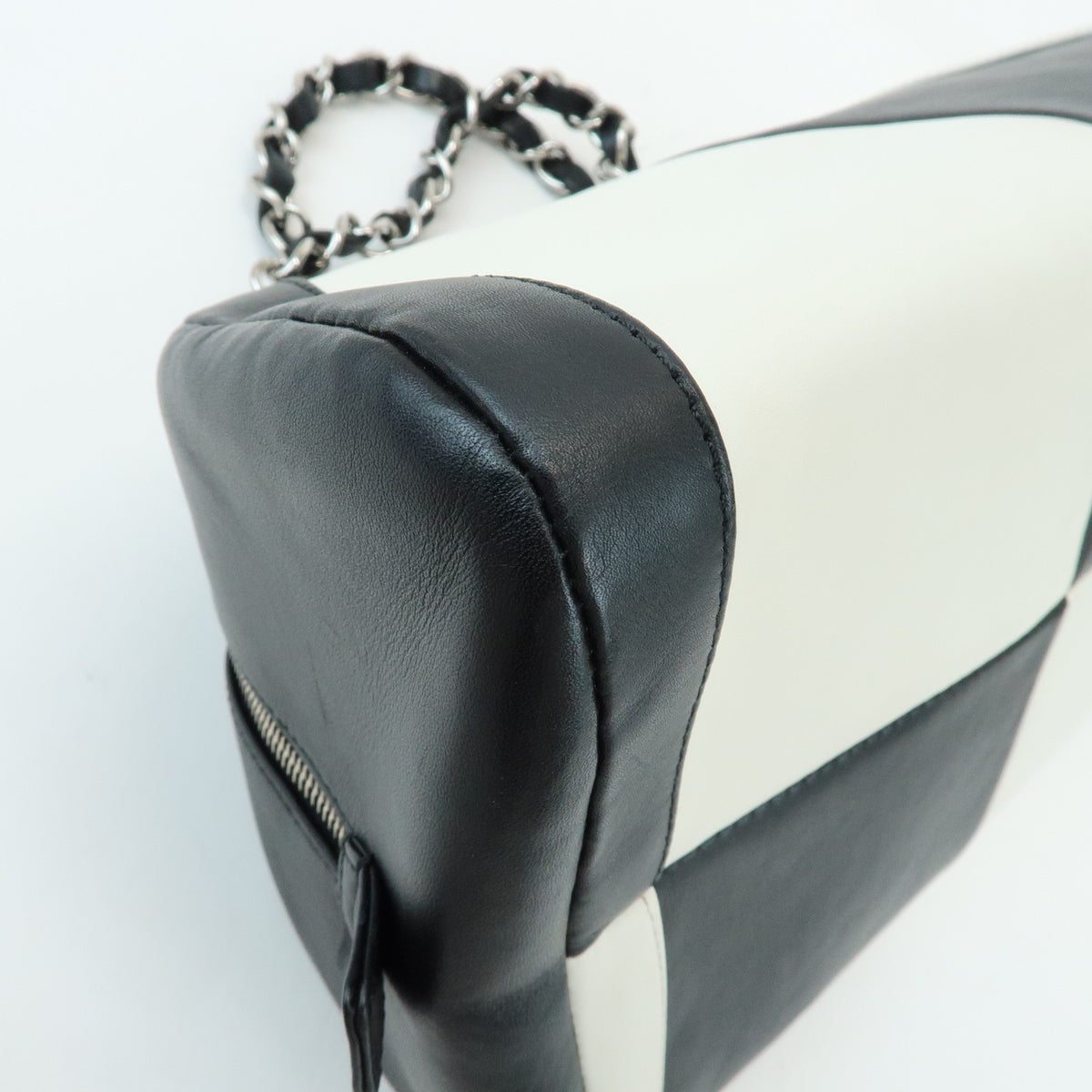 CHANEL COCO Mark Bicolor Lamb Skin Bowling Bag Hand Bag Black White