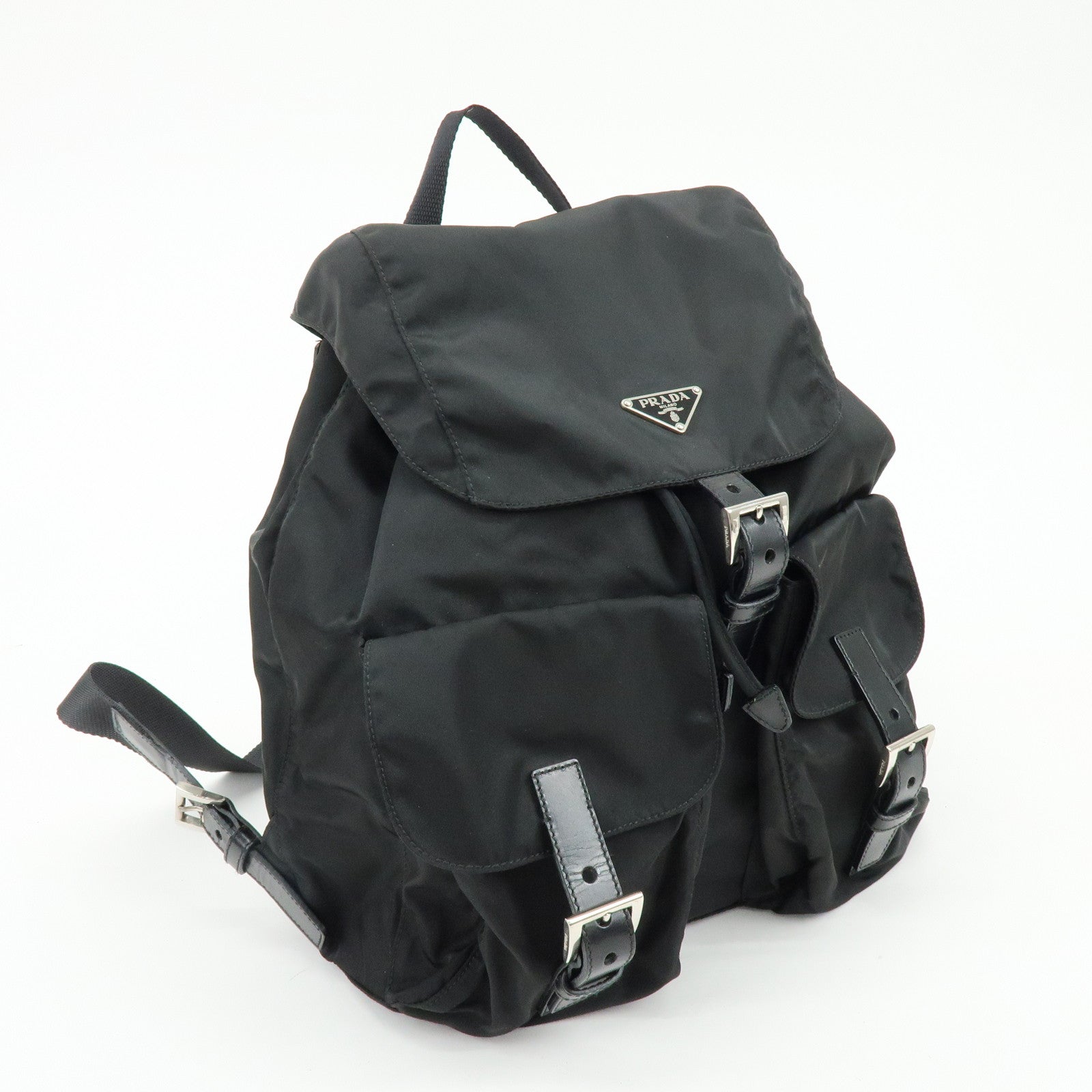PRADA Triangle Logo Nylon Leather Backpack Rucksack Black BZ2811