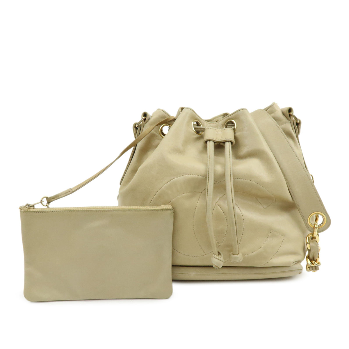 CHANEL Lamb Skin Bucket Chain Shoulder Bag Beige A01349