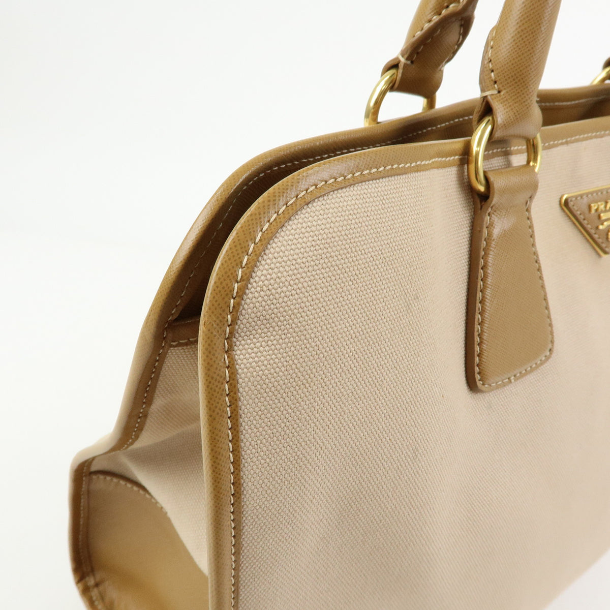 PRADA Triangle Logo Canapa City Canvas Saffiano Leather 2Way Bag Beige