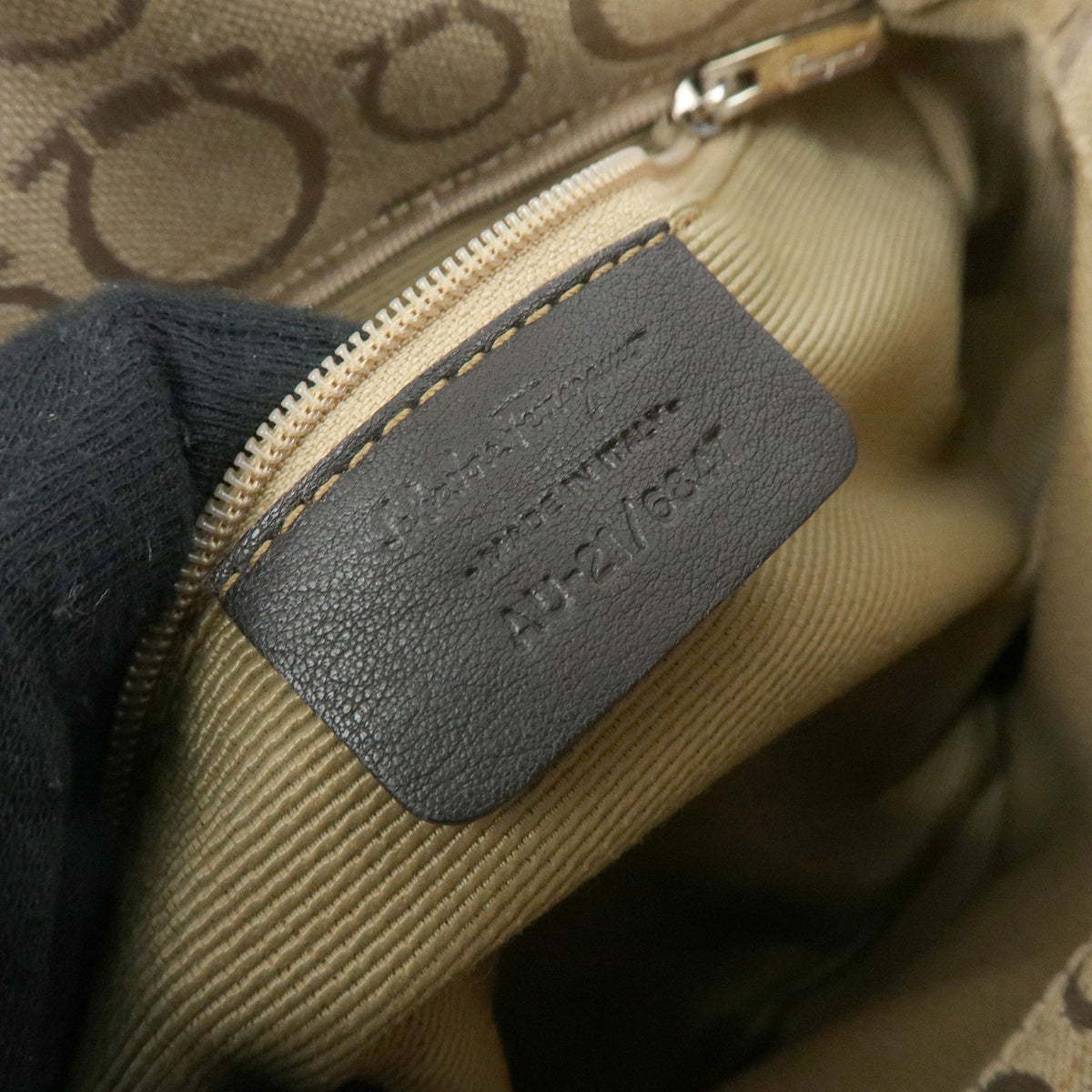 Ferragamo Gancini Jacquard Canvas Leather Hand Bag Beige Brown