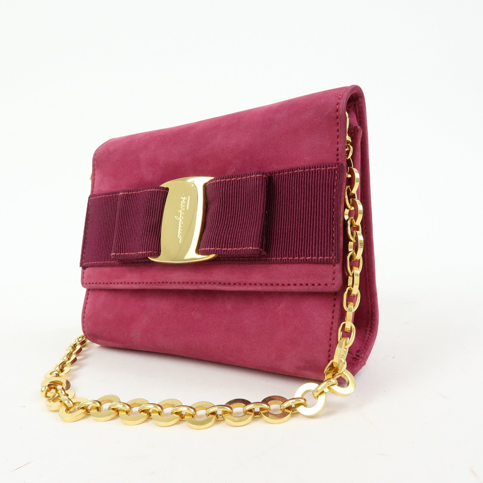 Ferragamo Varra Ribbon Suede 3Way Bag Chain Shoulder Bag Purple