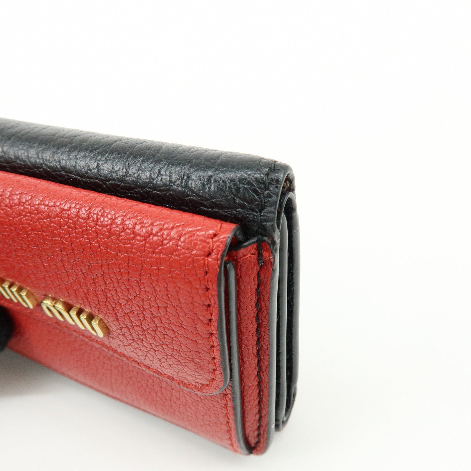 MIU MIU Logo Madras Leather Tri-fold Compact Wallet Red Black 5MH020