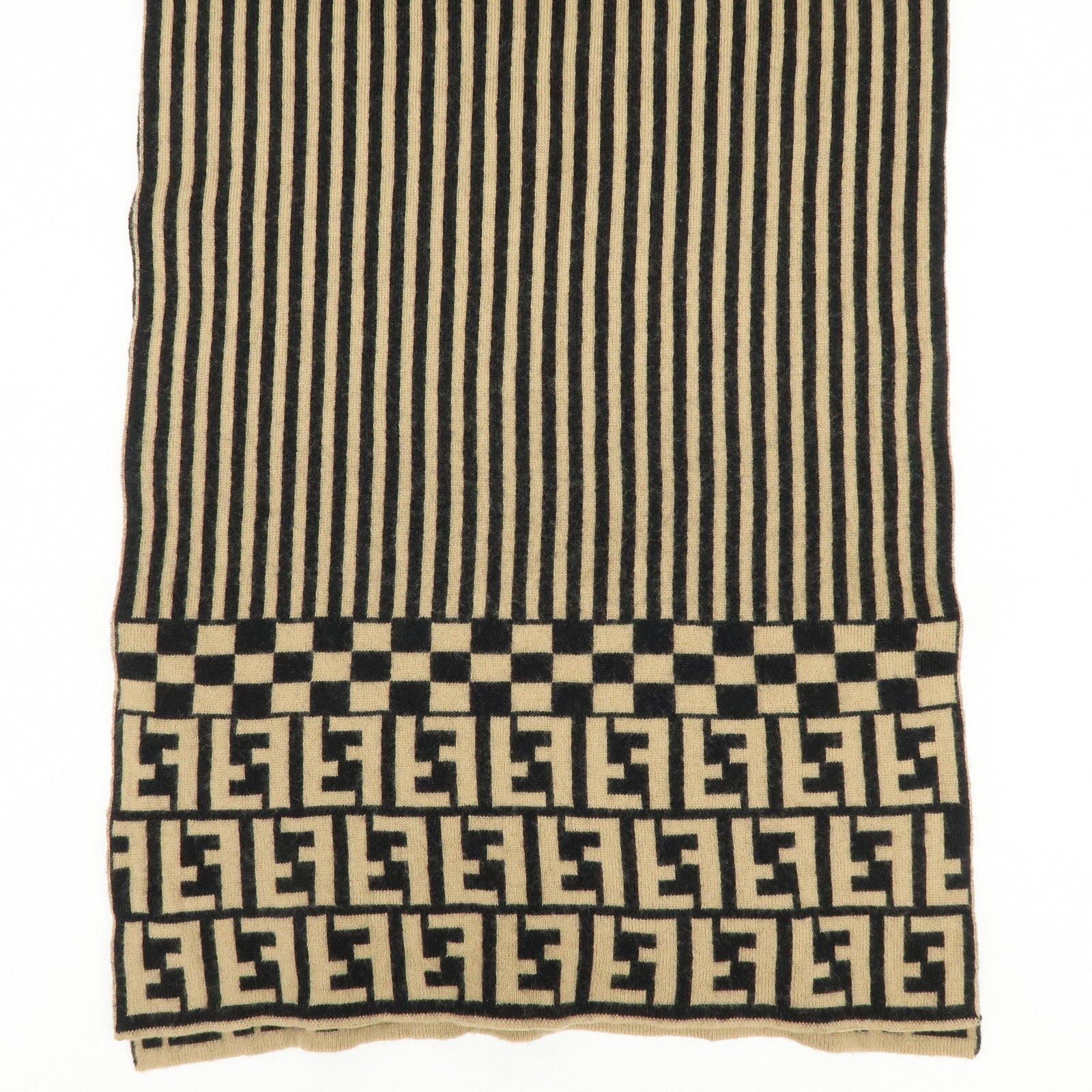 FENDI Zucca FF Logo Wool 100% Scarf Stole Stripe Beige Black