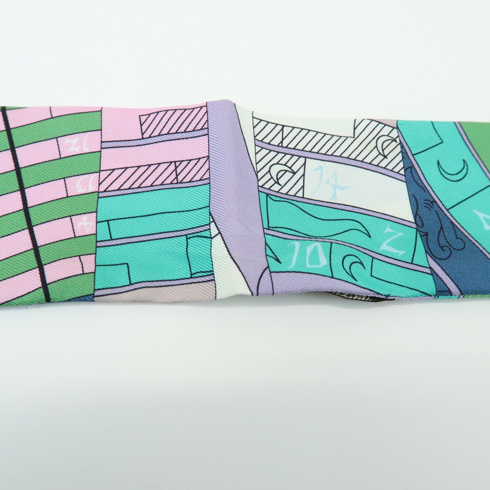HERMES Twilly Silk 100% Scarf ASTROLOGIE NOUVELLE Green Blue Pink