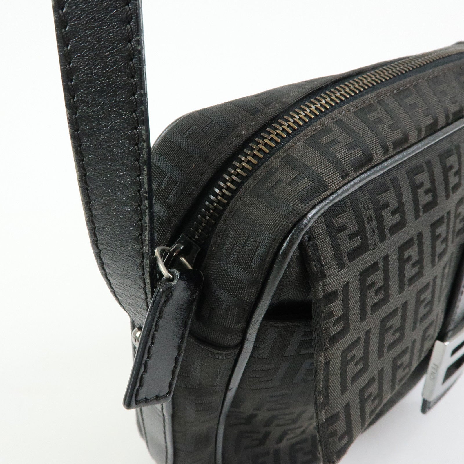 FENDI Zucchino Jacquard Canvas Leather Shoulder Bag Black 8BT117
