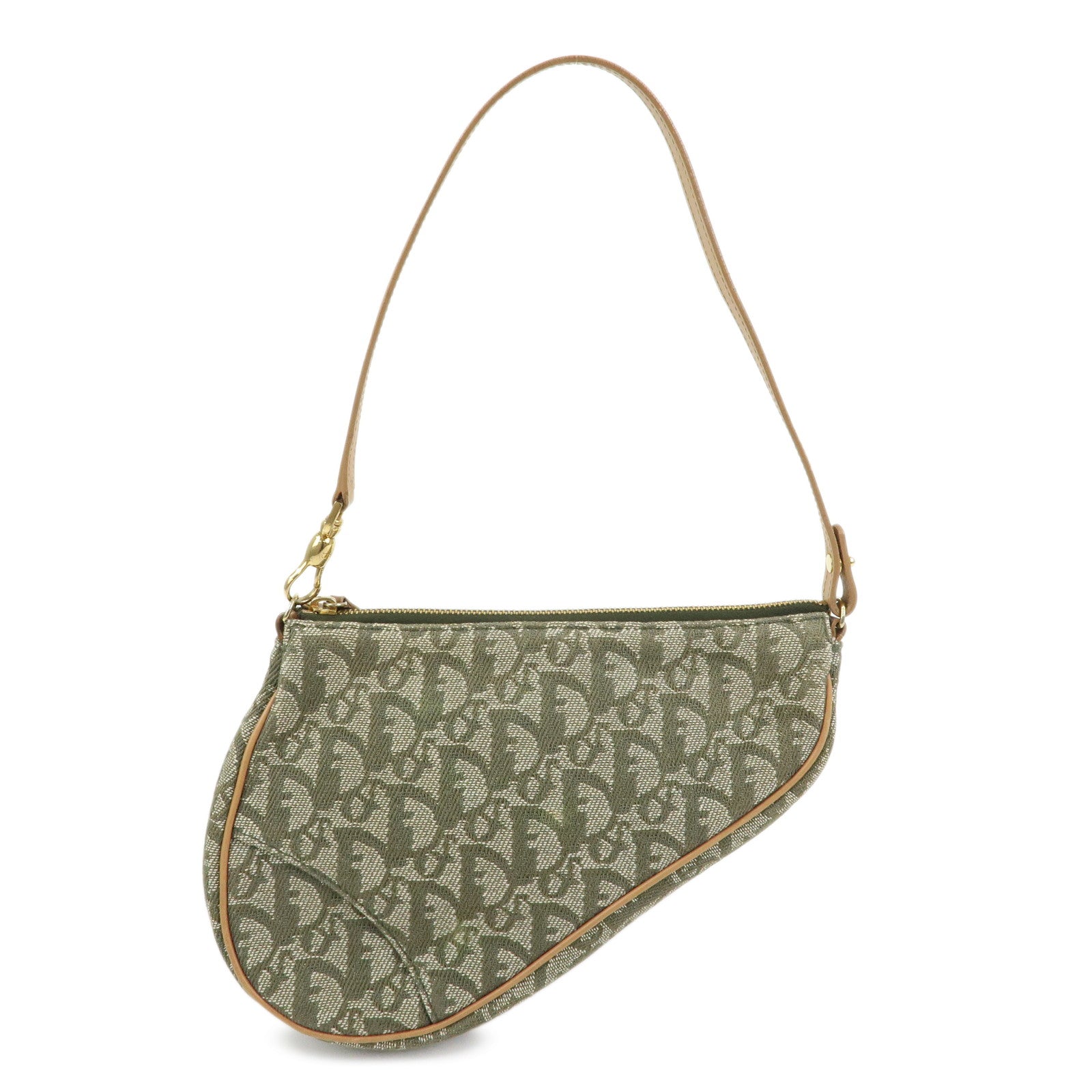 Christian Dior Trotter Saddle Jacquard Canvas Hand Bag Green Beige