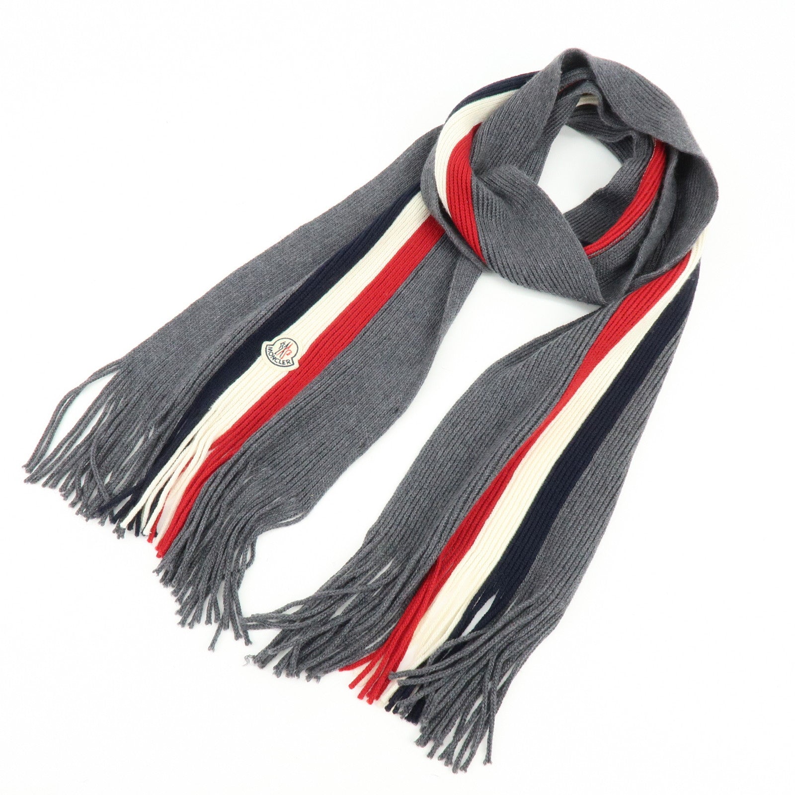 Moncler Wool 100% Scarf Stole Tri-color Gray Navy White Red