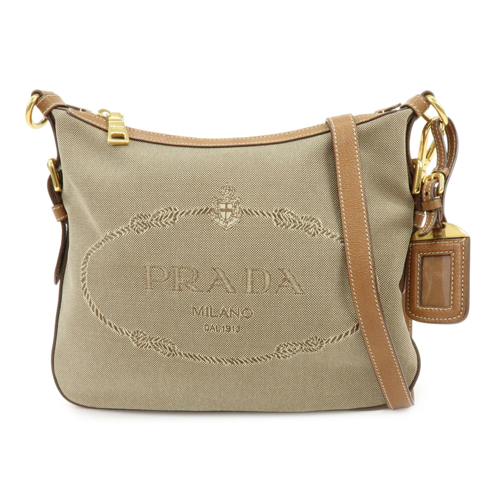 PRADA Logo Jacquard Canvas Leather Shoulder Bag Crossbody Bag Brown