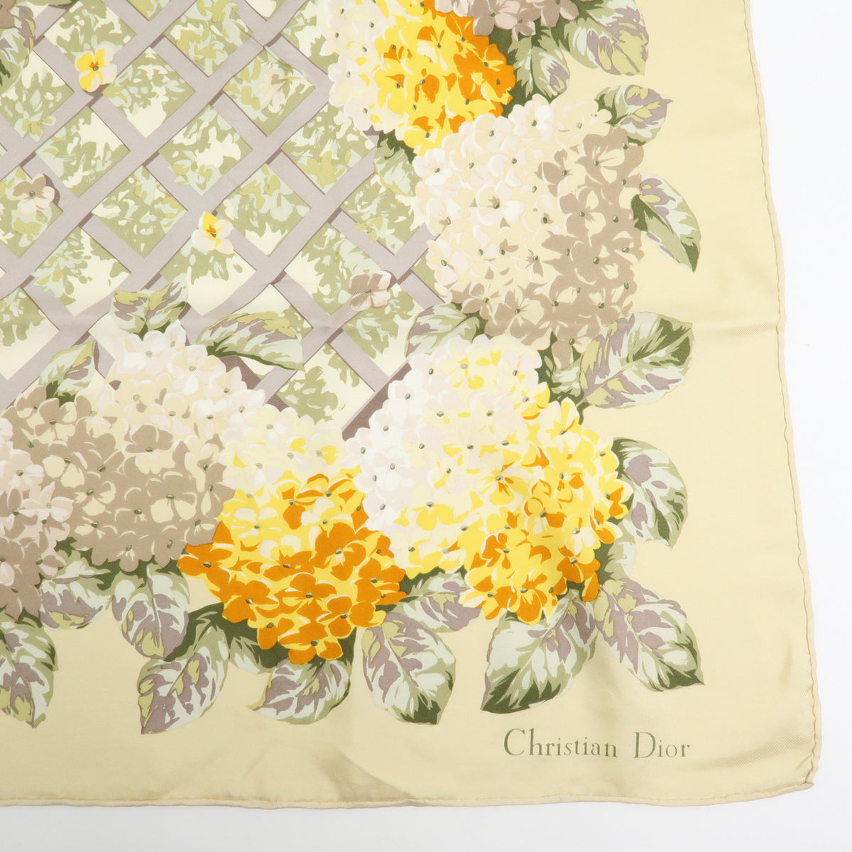 Christian Dior Silk 100% Scarf Hydrangea Print Beige Yellow Green