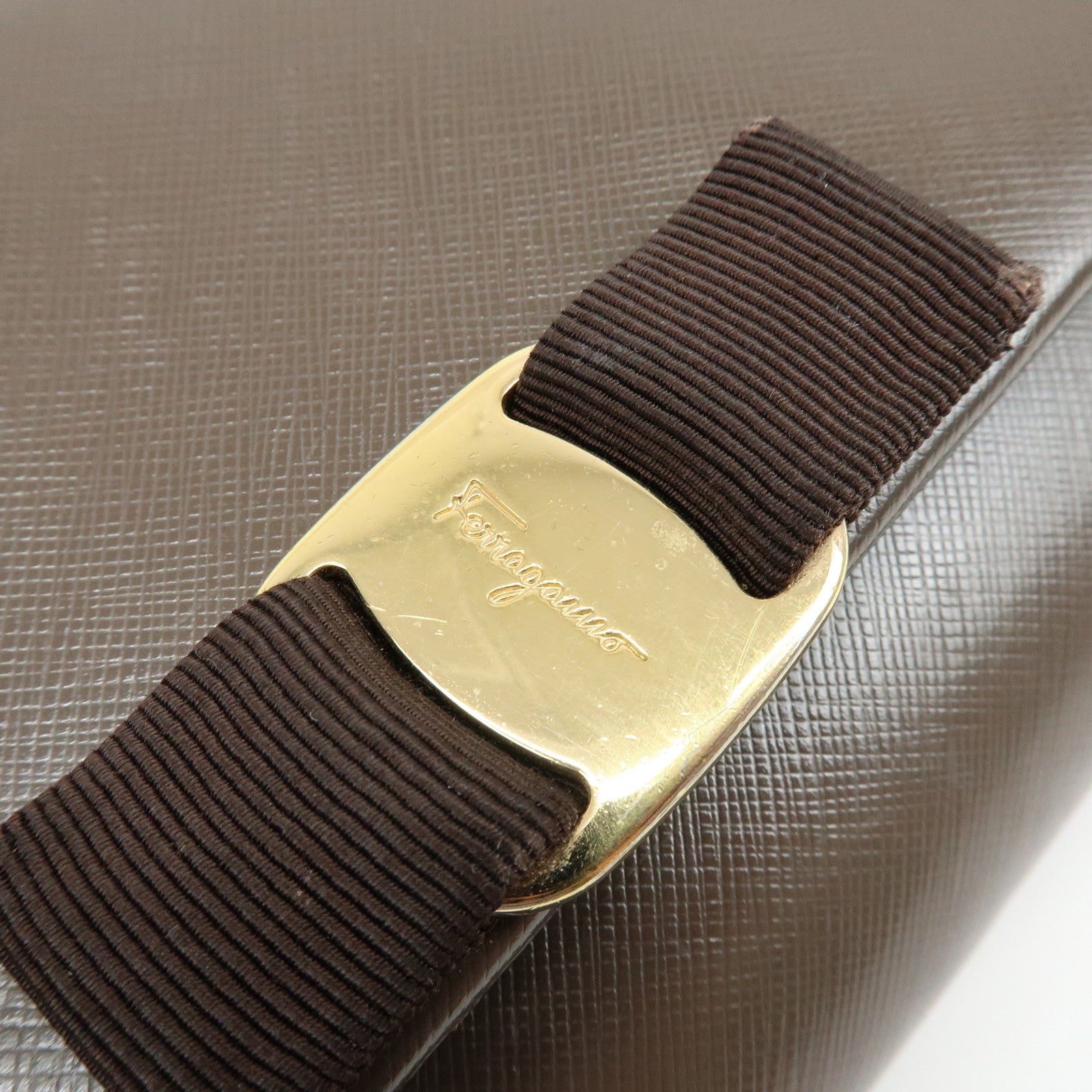 Ferragamo Vara Ribbon Embossed Leather Chain Shoulder Bag Brown