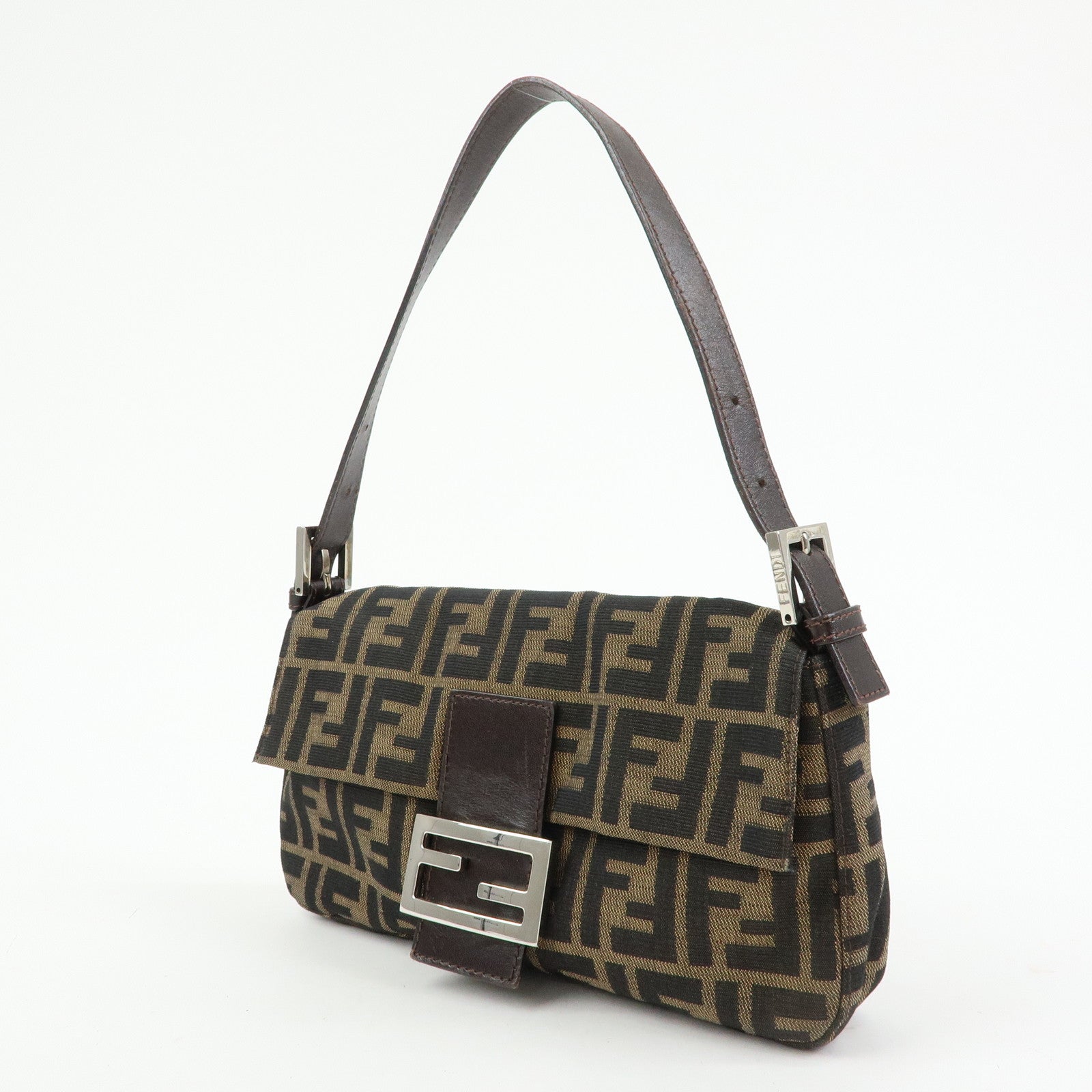 FENDI Mamma Baguette Zucca Canvas Leather Shoulder Bag Brown 26424