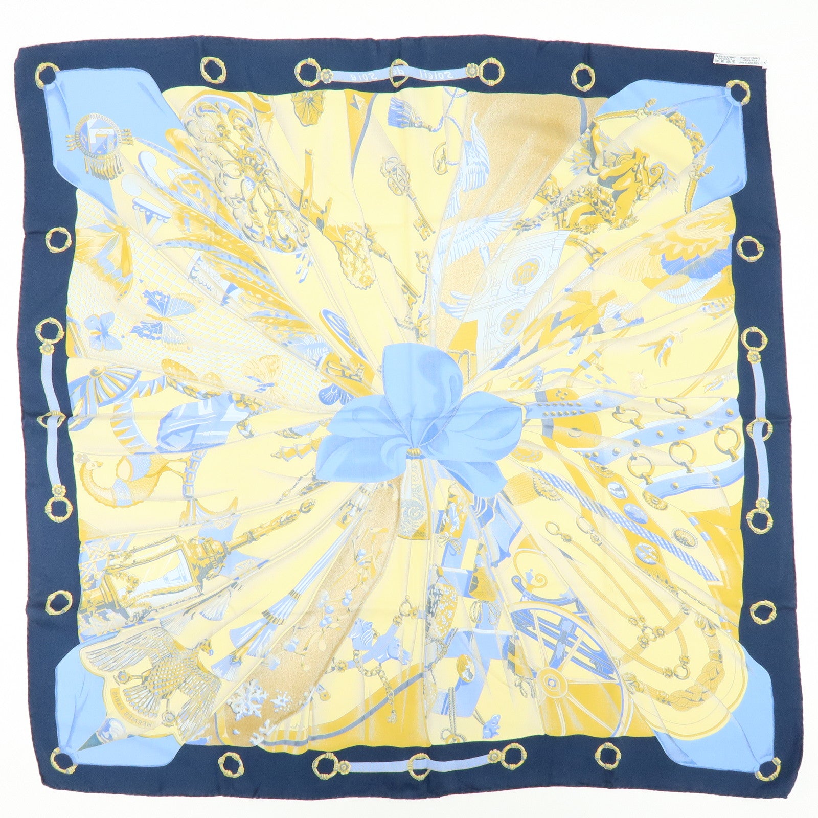 HERMES Carre 90 Silk 100% Scarf Soleil de Soie Blue Navy Yellow