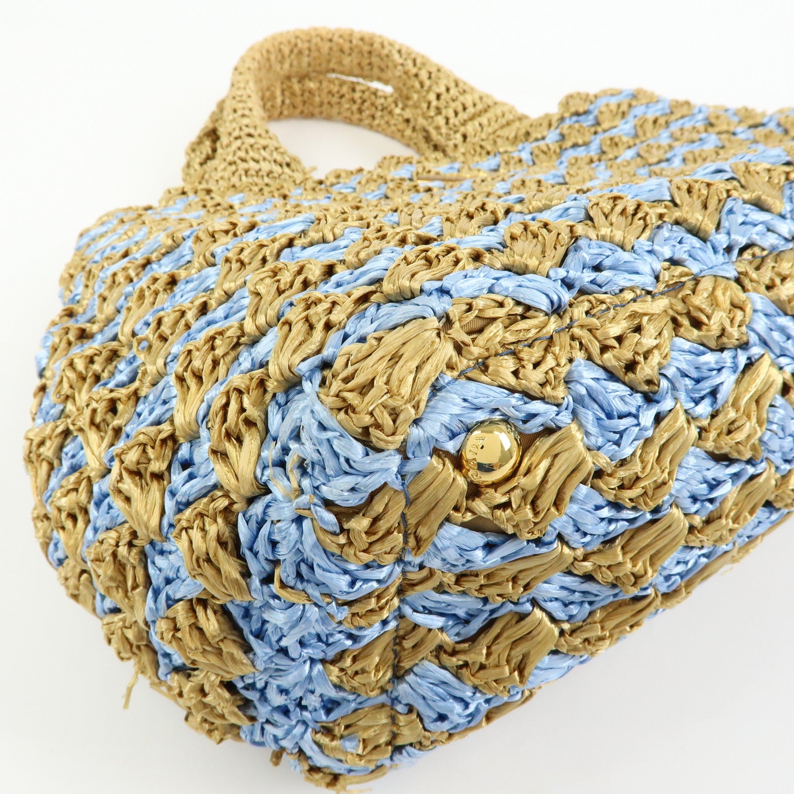 PRADA Triangle Logo Canapa Raffia Tote Bag Hand Bag Beige Blue