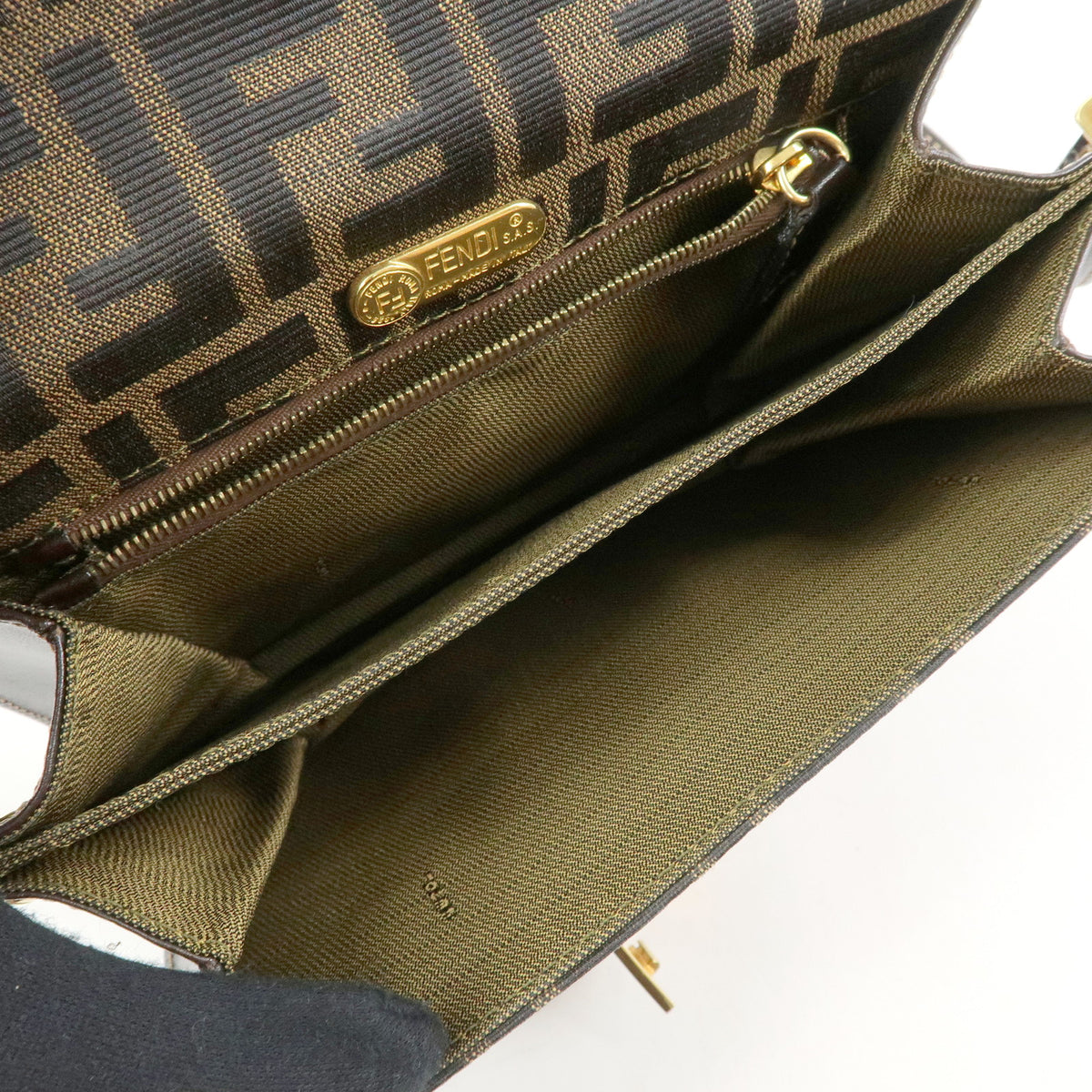 FENDI ZUCCA Jacquard Canvas Leather Shoulder Bag Brown Black