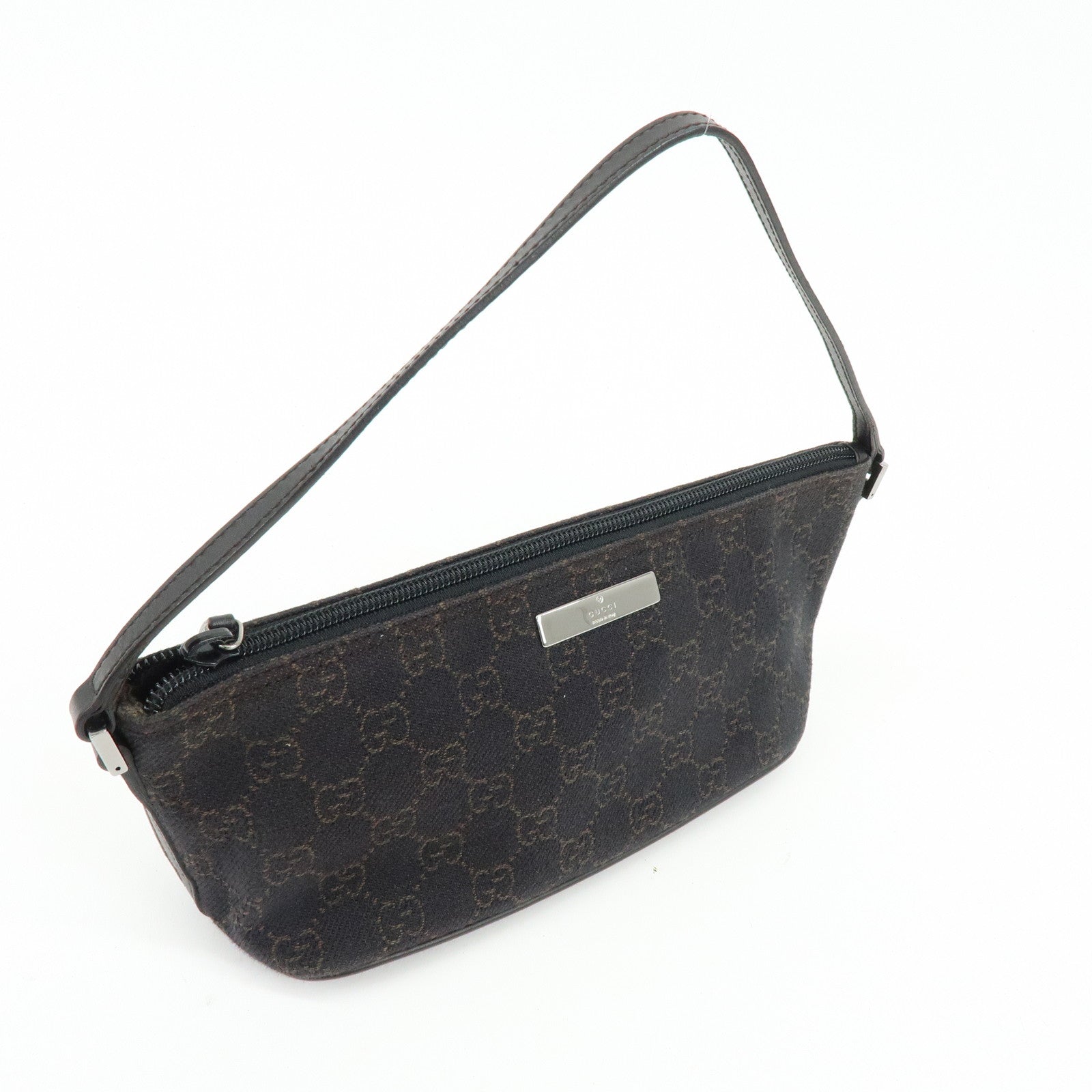 GUCCI Boat Bag GG Canvas Hand Bag Accessory Pouch Dark Brown 07198