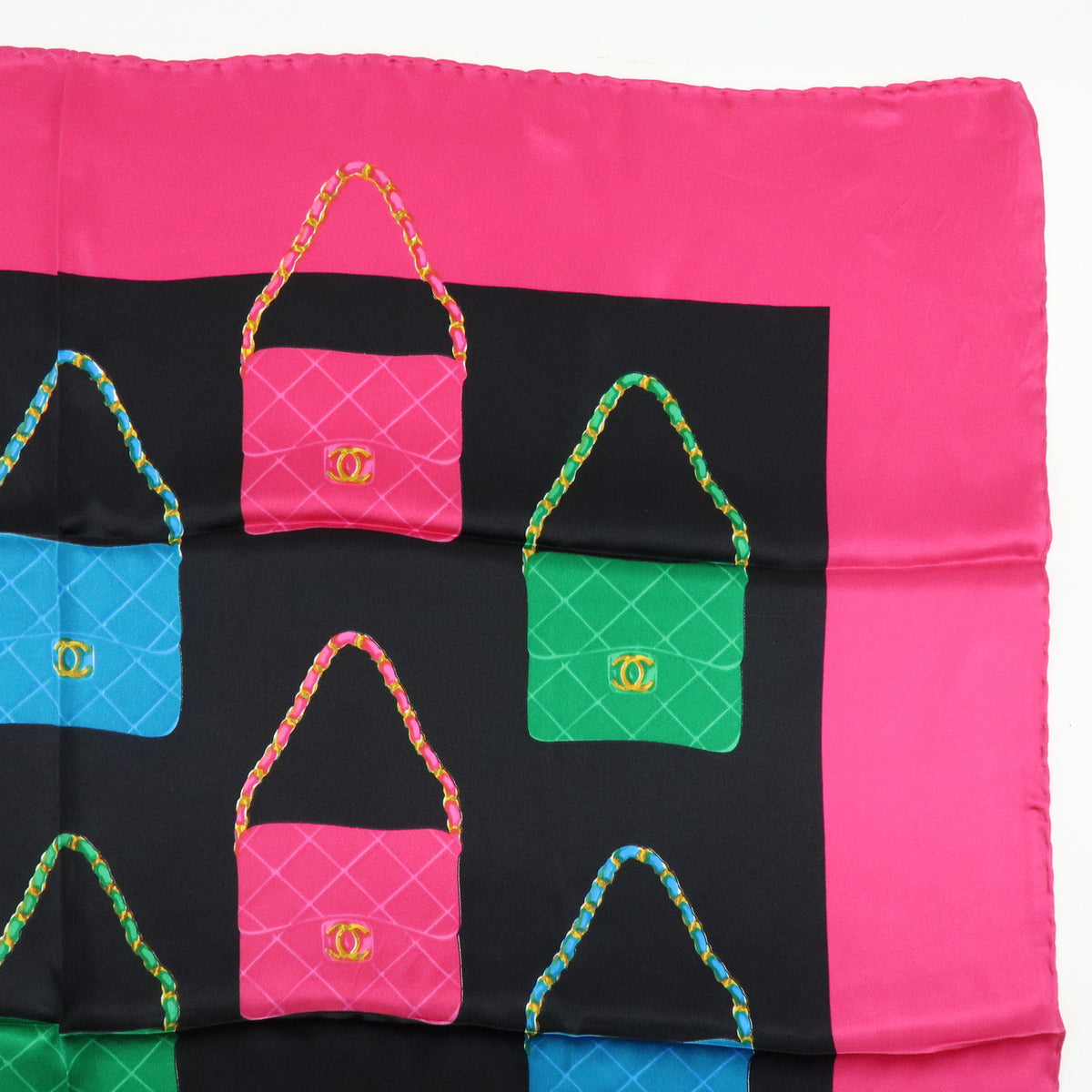 CHANEL Silk 100% Scarf Matelasse Bag Print Black Pink Green Blue