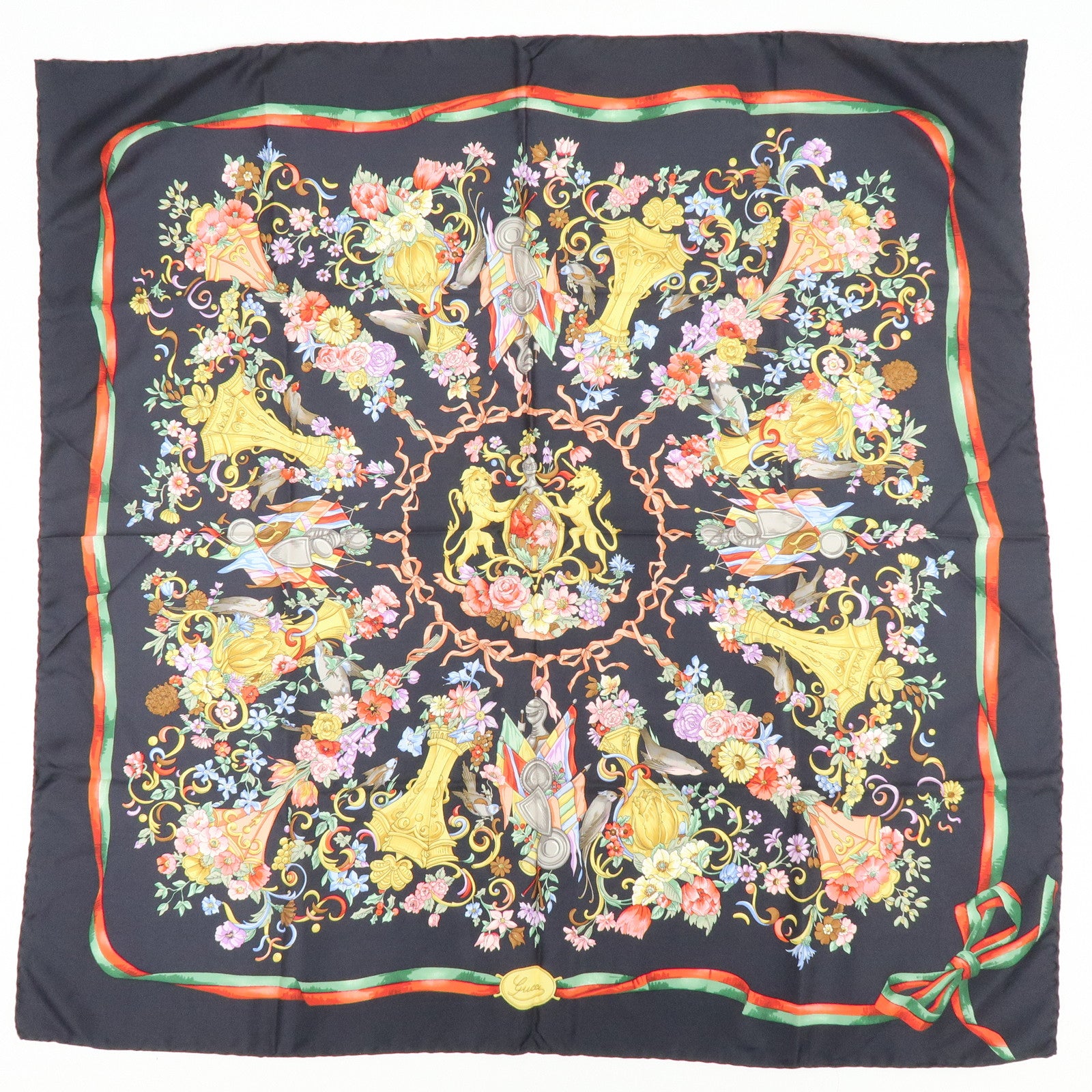 GUCCI Lot of 2 Silk 100% Scarf Black Red Yellow Pink Brown