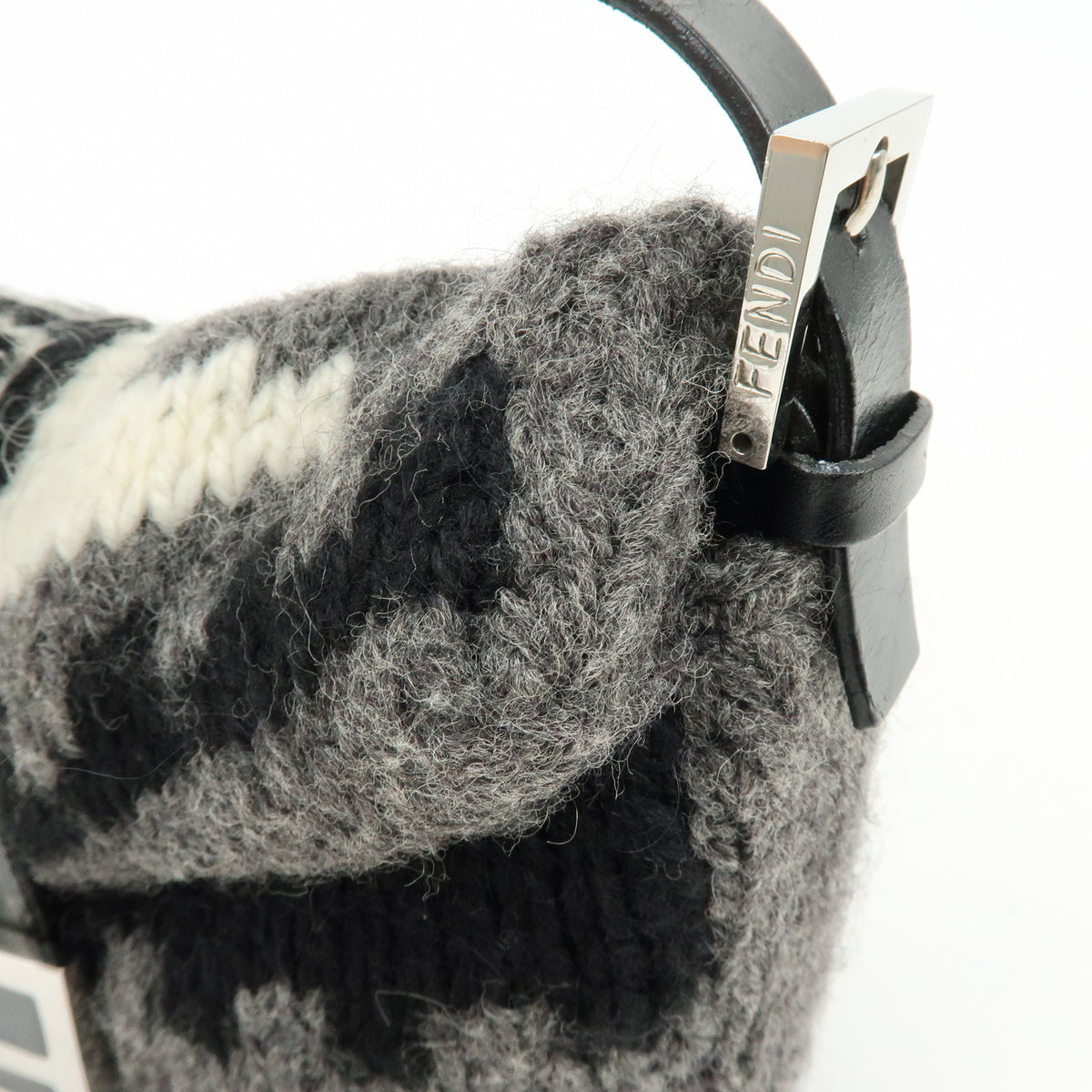 FENDI Mamma Baquette Wool Leather Shoulder Bag Black Grey White 16059