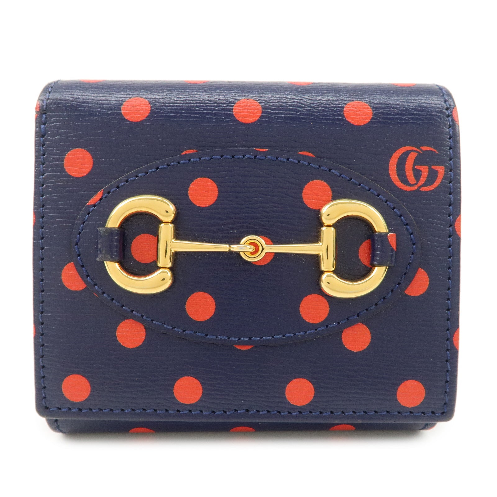 GUCCI Horsebit Dots Pattern Leather Bi-fold Wallet Navy Red 621891 Used