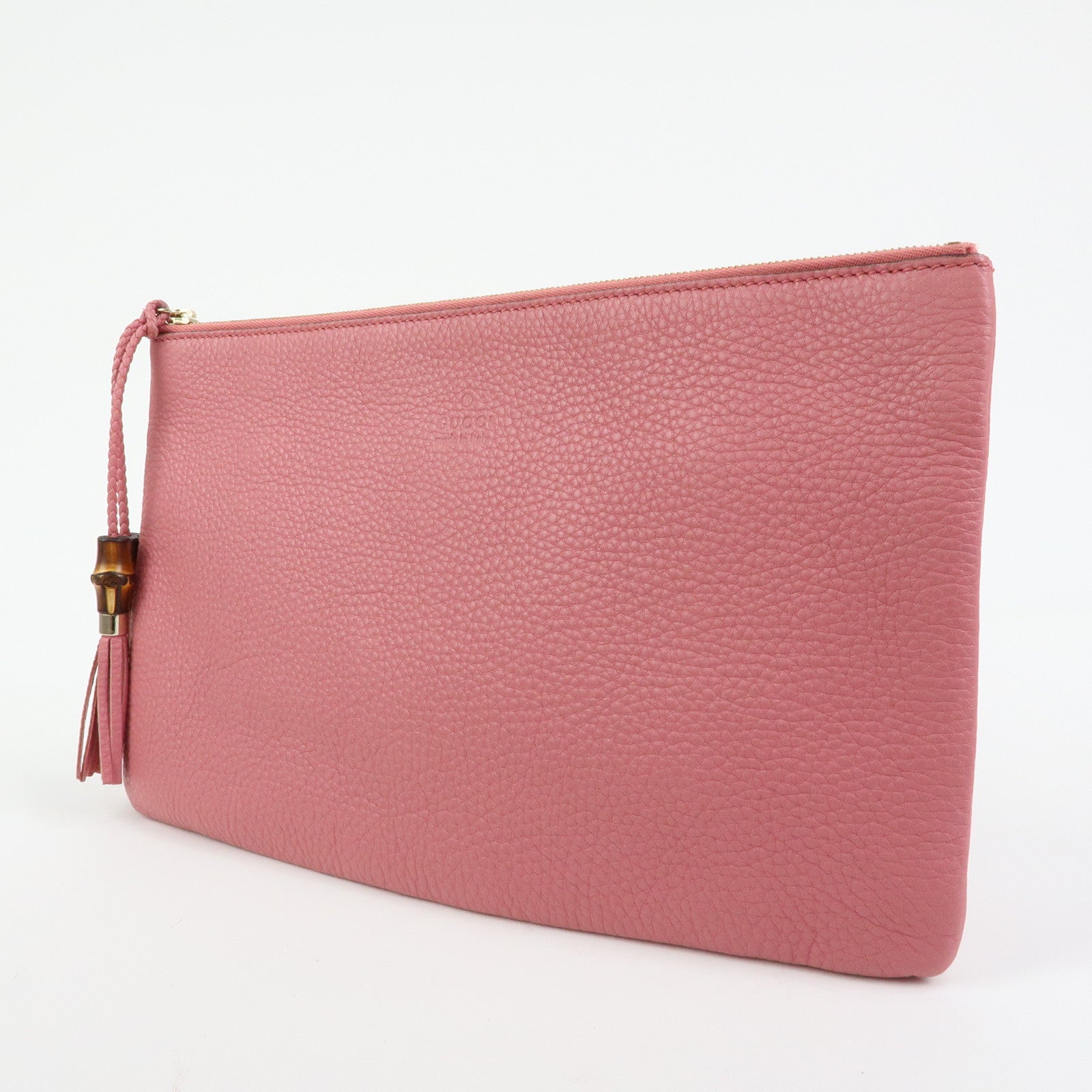 GUCCI Bamboo Leather Clutch Bag Pouch Tassel Charm Pink 376858