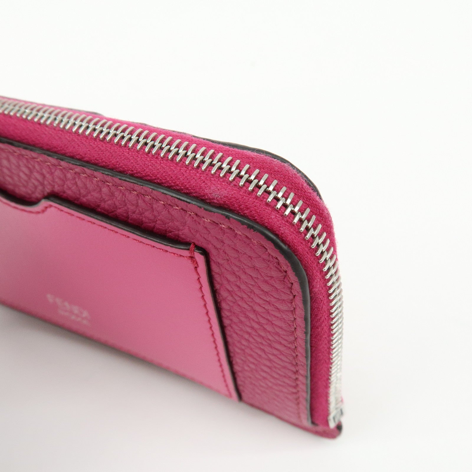 FENDI Logo Selleria Calf Leather Card Case Pink 8M0489