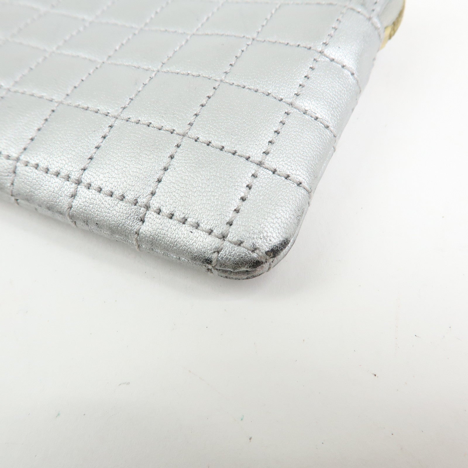 CELINE Leather C Charm Coin Case Coin Purse Metallic Silver