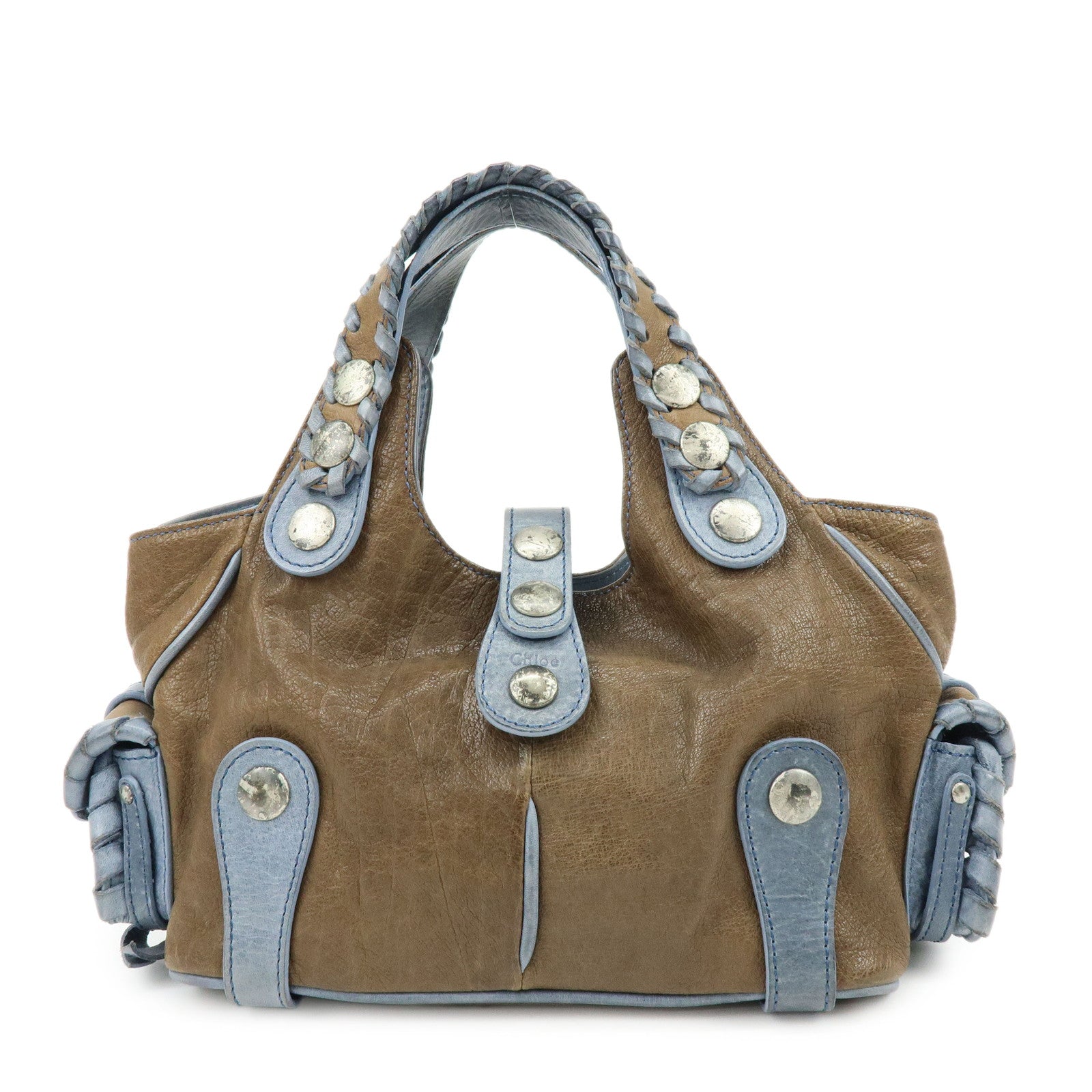 Chloe Silverado Leather Hand Bag Tote Bag Blaided Studs Brown Blue