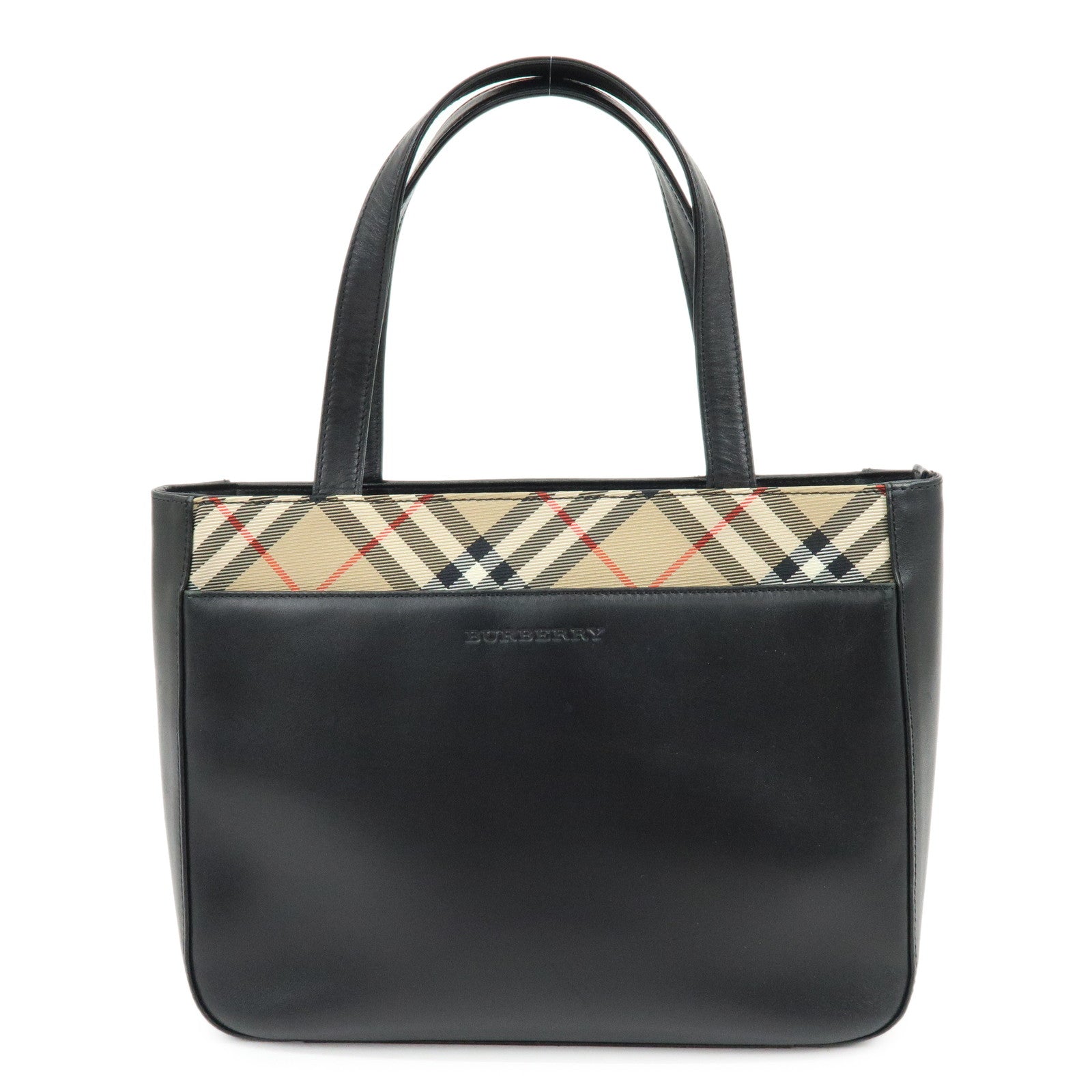 BURBERRY Logo Leather Tote Bag Hand Bag Nova Plaid Black