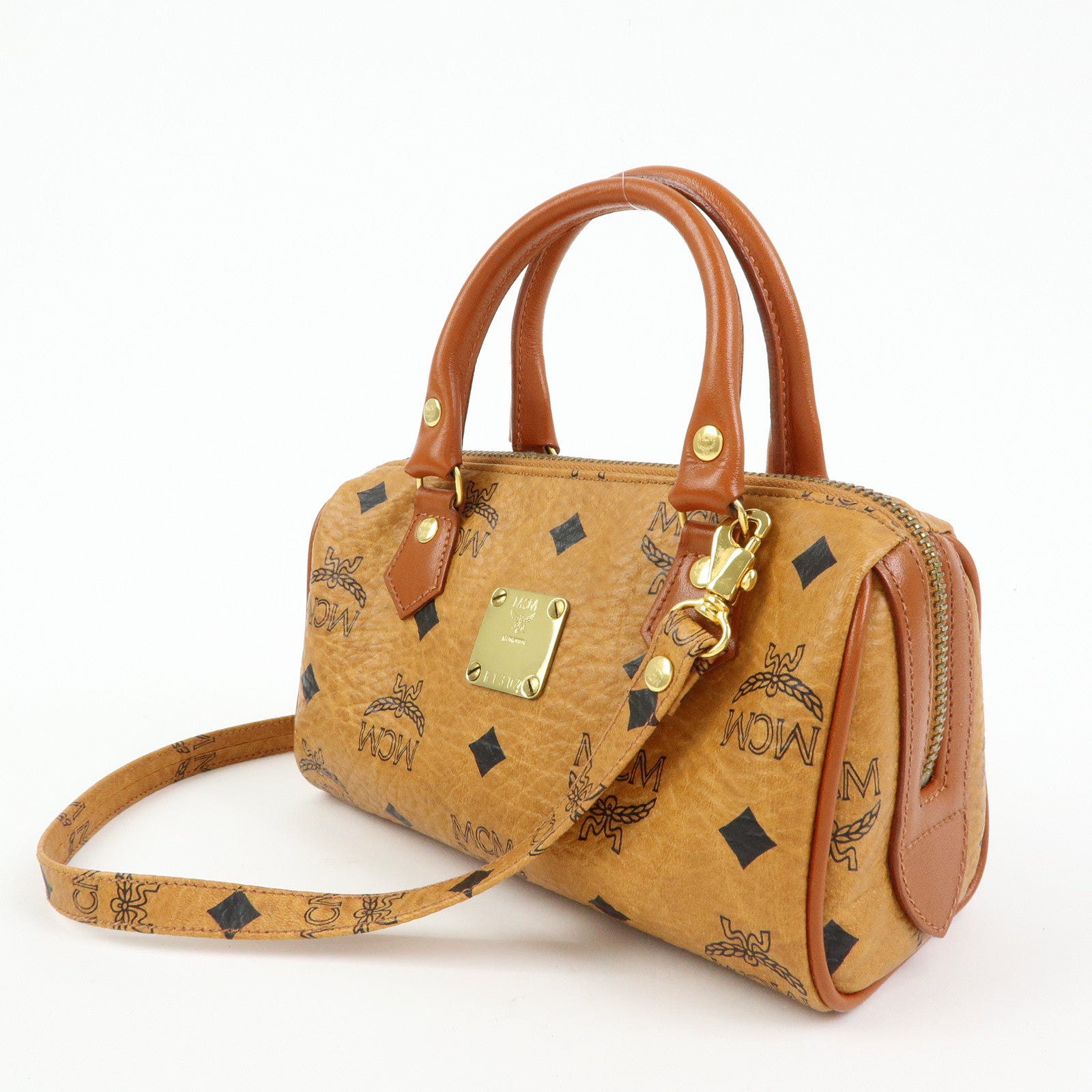 MCM Visetos Leather 2Way Bag Mini Boston Bag Hand Shoulder Bag Brown