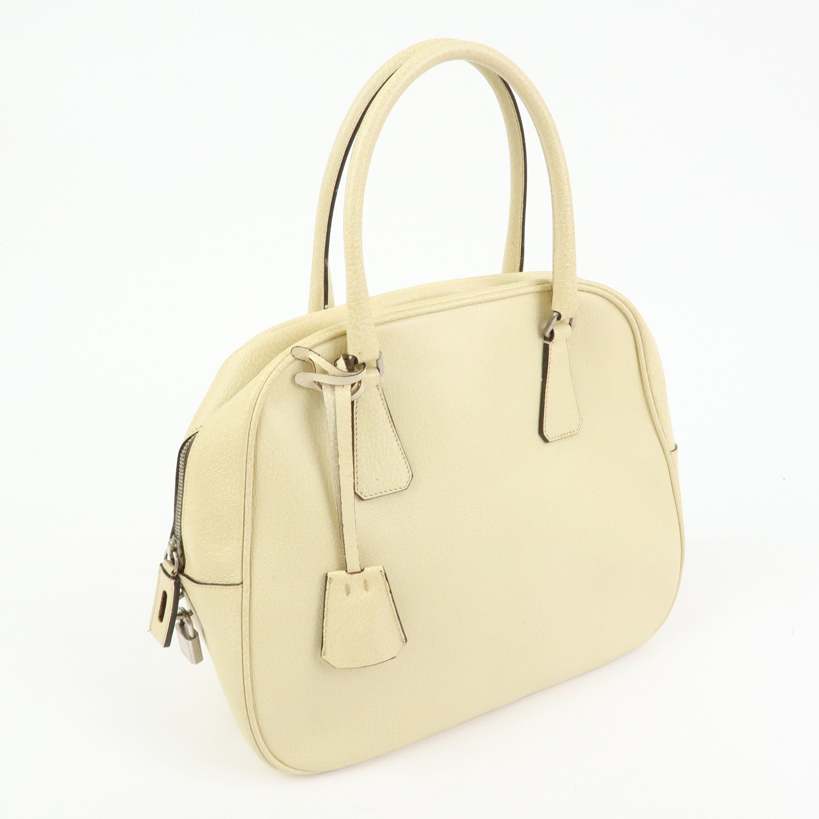 Prada Triangle Logo Leather Hand Bag Dome Bag Beige B11209