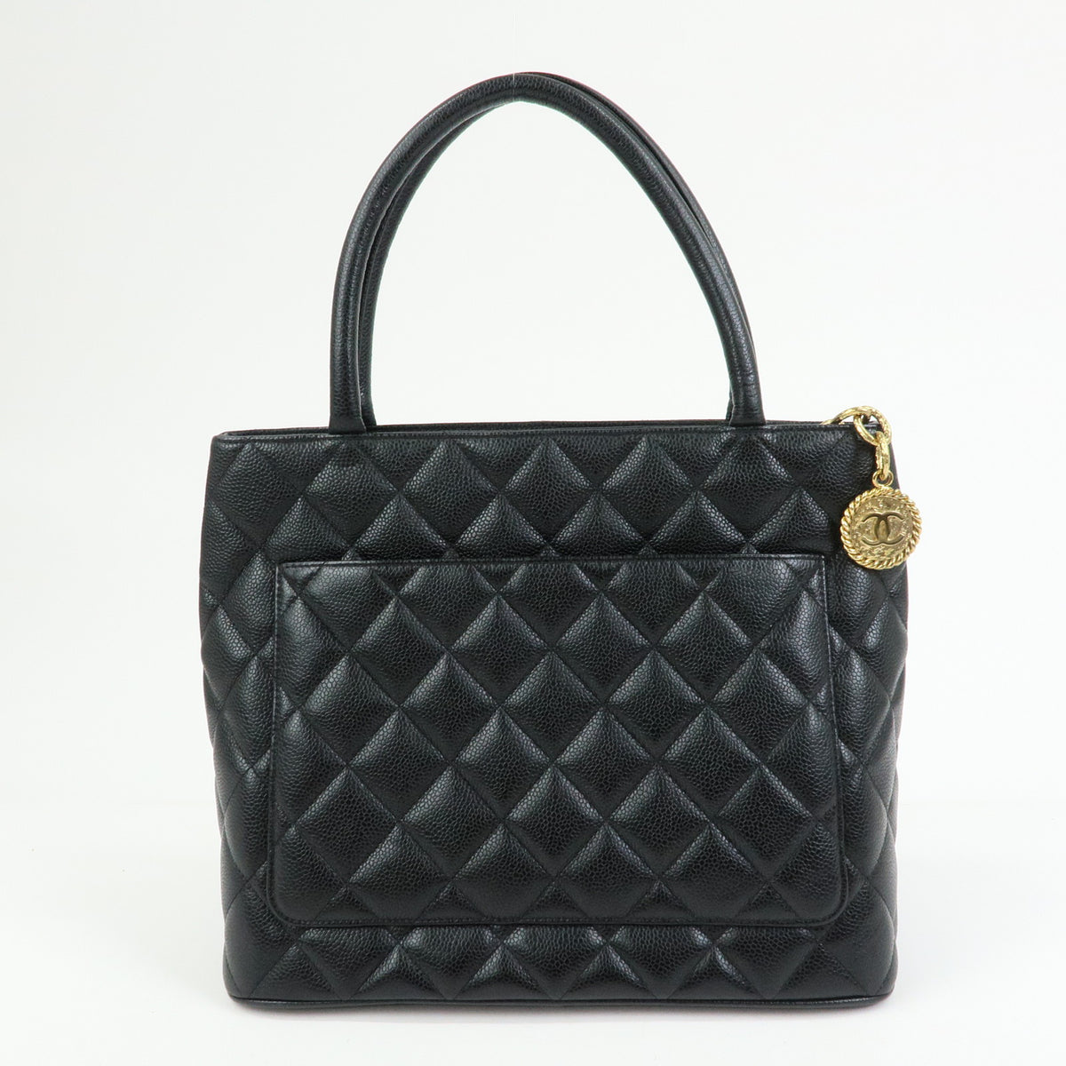 CHANEL Matelasse COCO Mark Caviarskin Medallion Tote Bag Black A01804