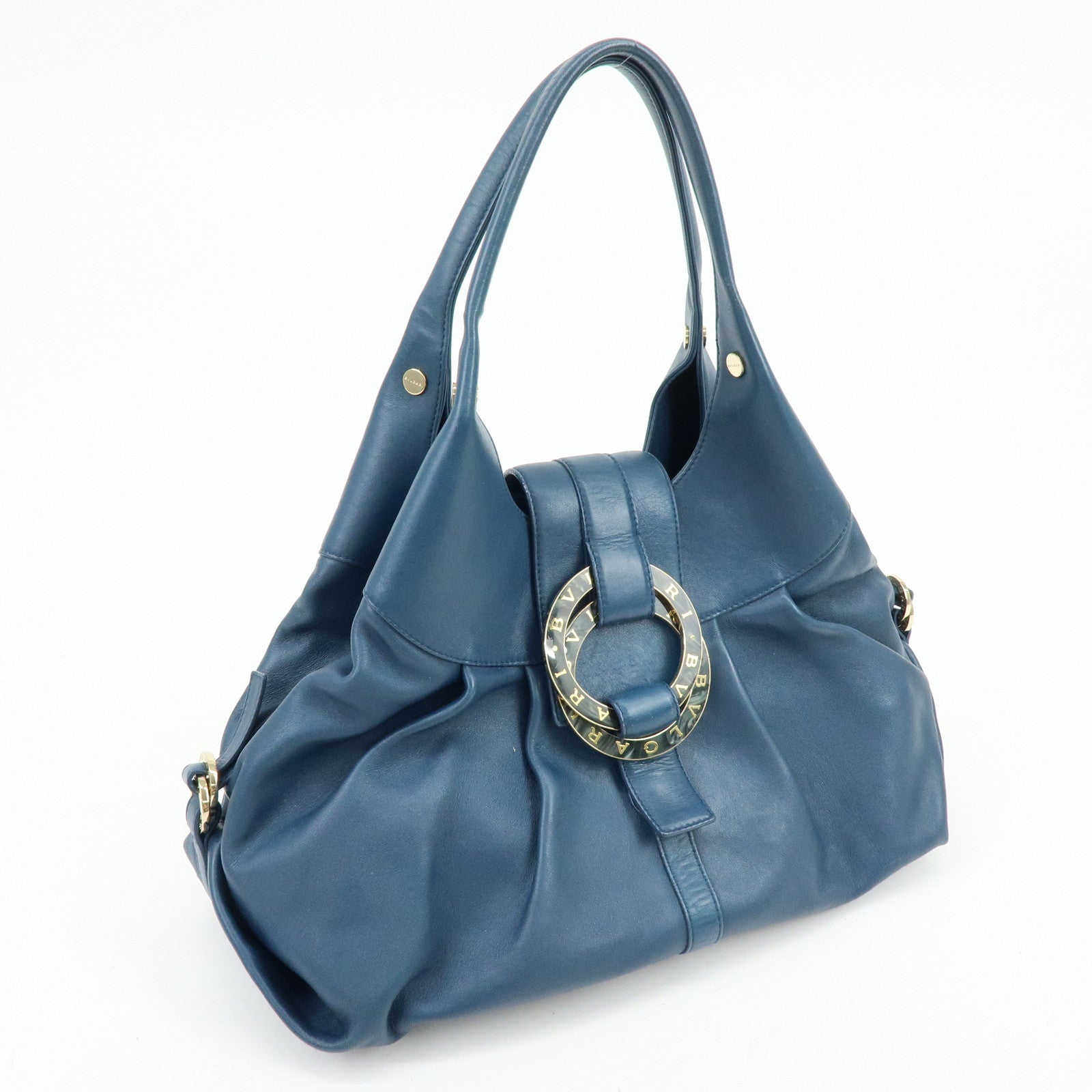 BVLGARI Chandra Leather Shoulder Bag Double Circle Ring Turquoise Blue