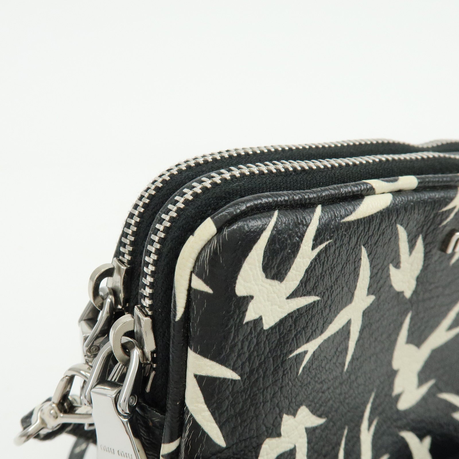 MIU MIU Swallow Madras Leather Shoulder Bag Black White 5ZH011