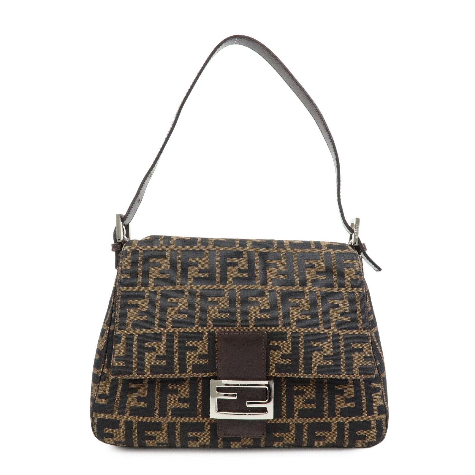 FENDI Mamma Baguette Zucca Canvas Leather Shoulder Bag Brown 26325