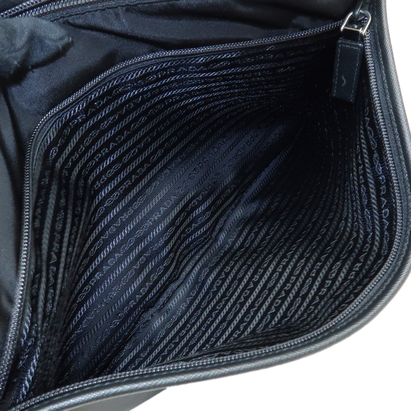 PRADA Triangle Logo Nylon Saffiano Leather Clutch Bag Black 2VN012