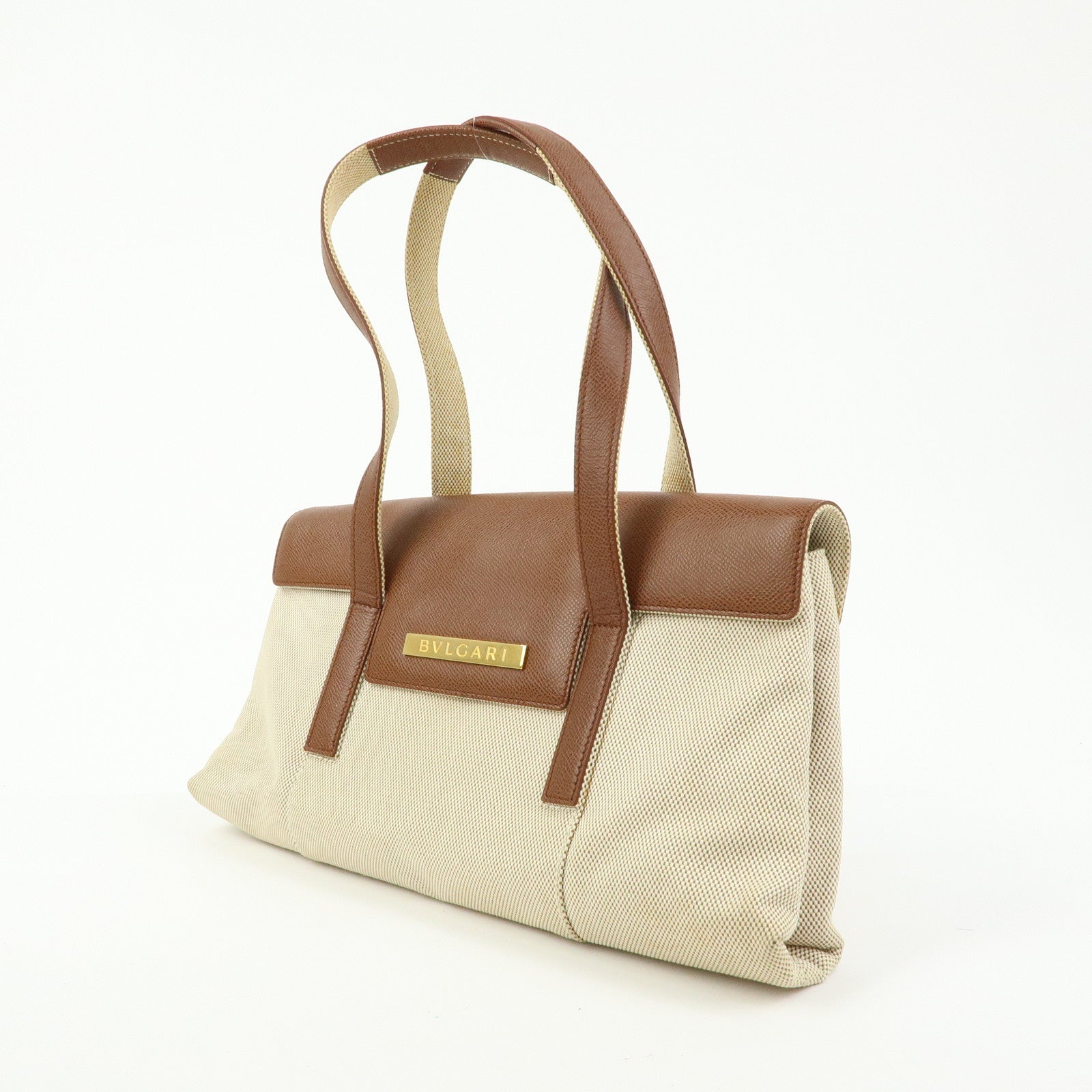 BVLGARI Canvas Leather Flap Shoulder Hand Bag Beige Brown