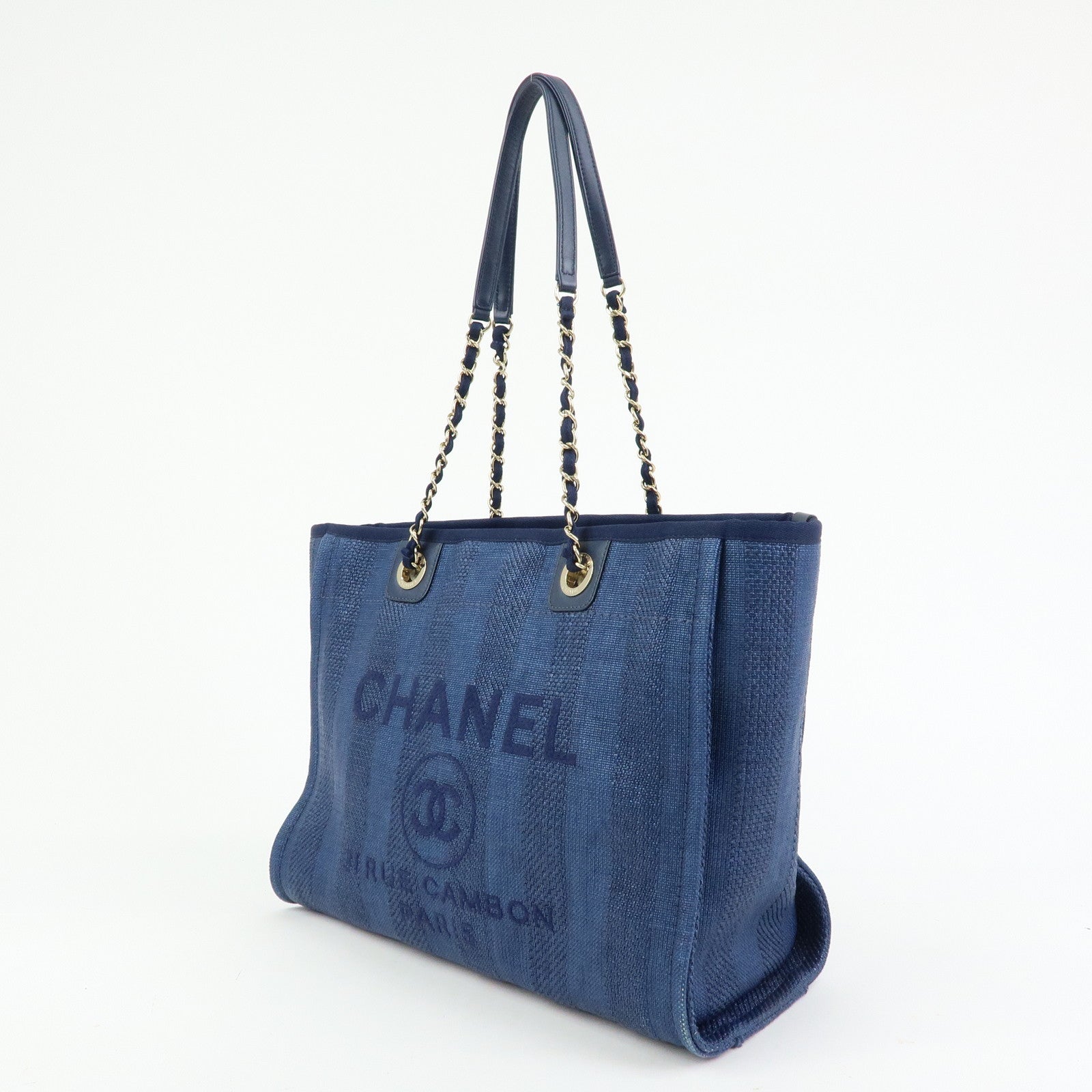 CHANEL Deauville MM Canvas Leather Tote Chain Shoulder Bag  A67001