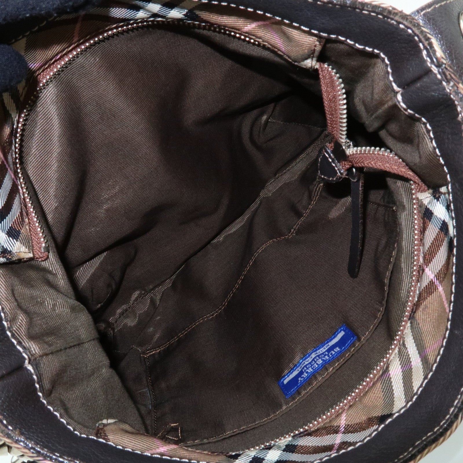 BURBERRY Nova Plaid Blue Label Canvas Leather Shoulder Bag Brown