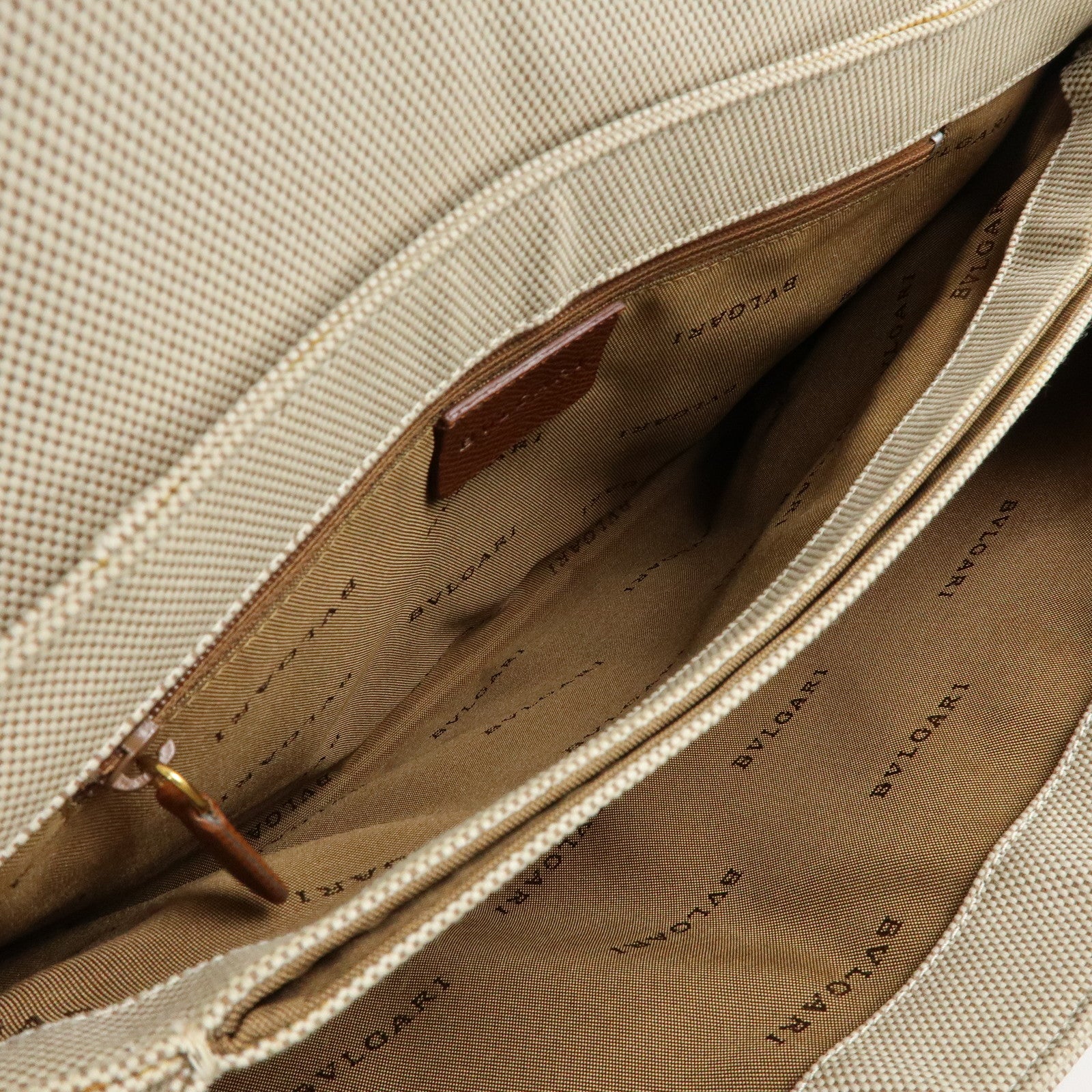 BVLGARI Canvas Leather Flap Shoulder Hand Bag Beige Brown