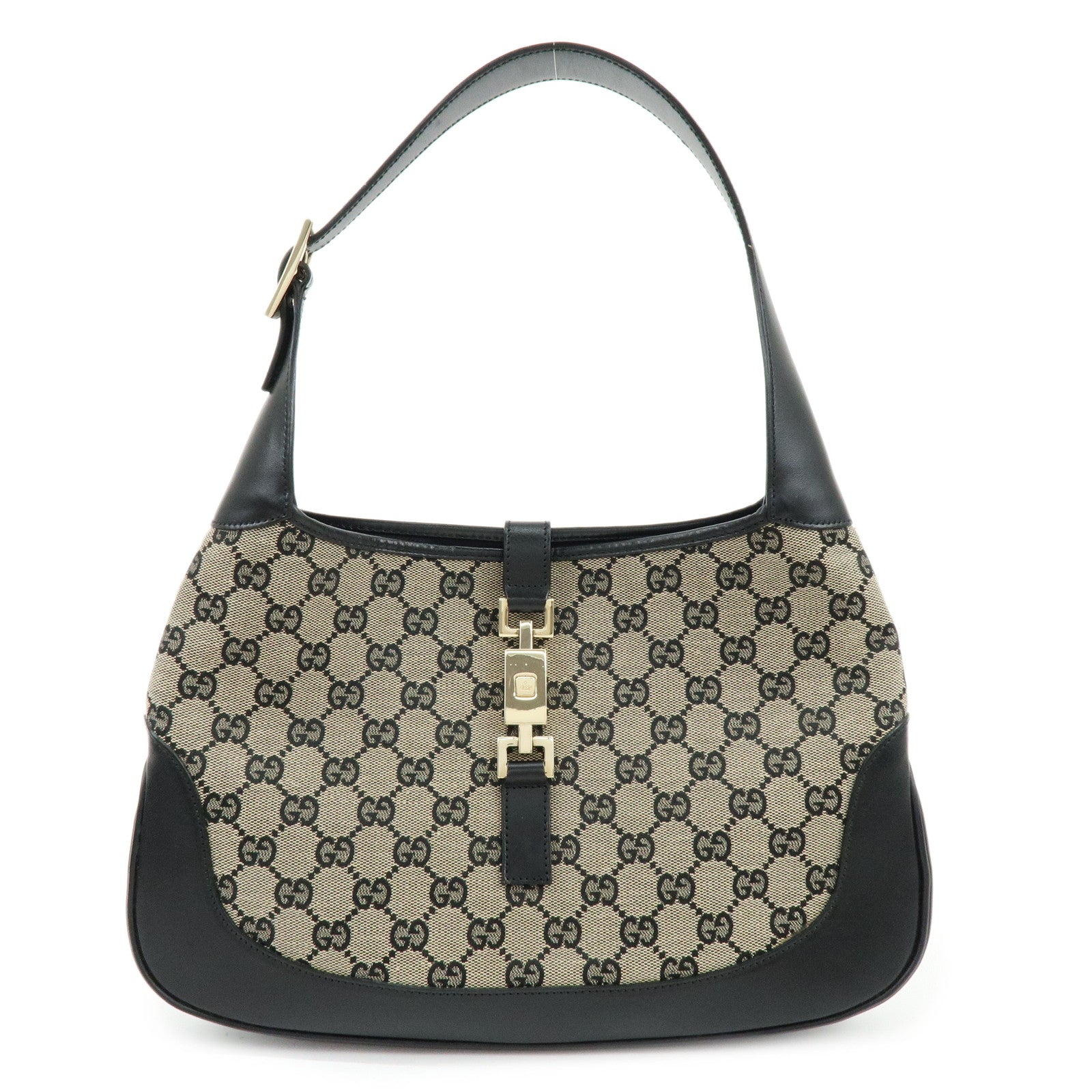 GUCCI Jackie GG Canvas Leather Shoulder Hand Bag Beige Black 001・3306