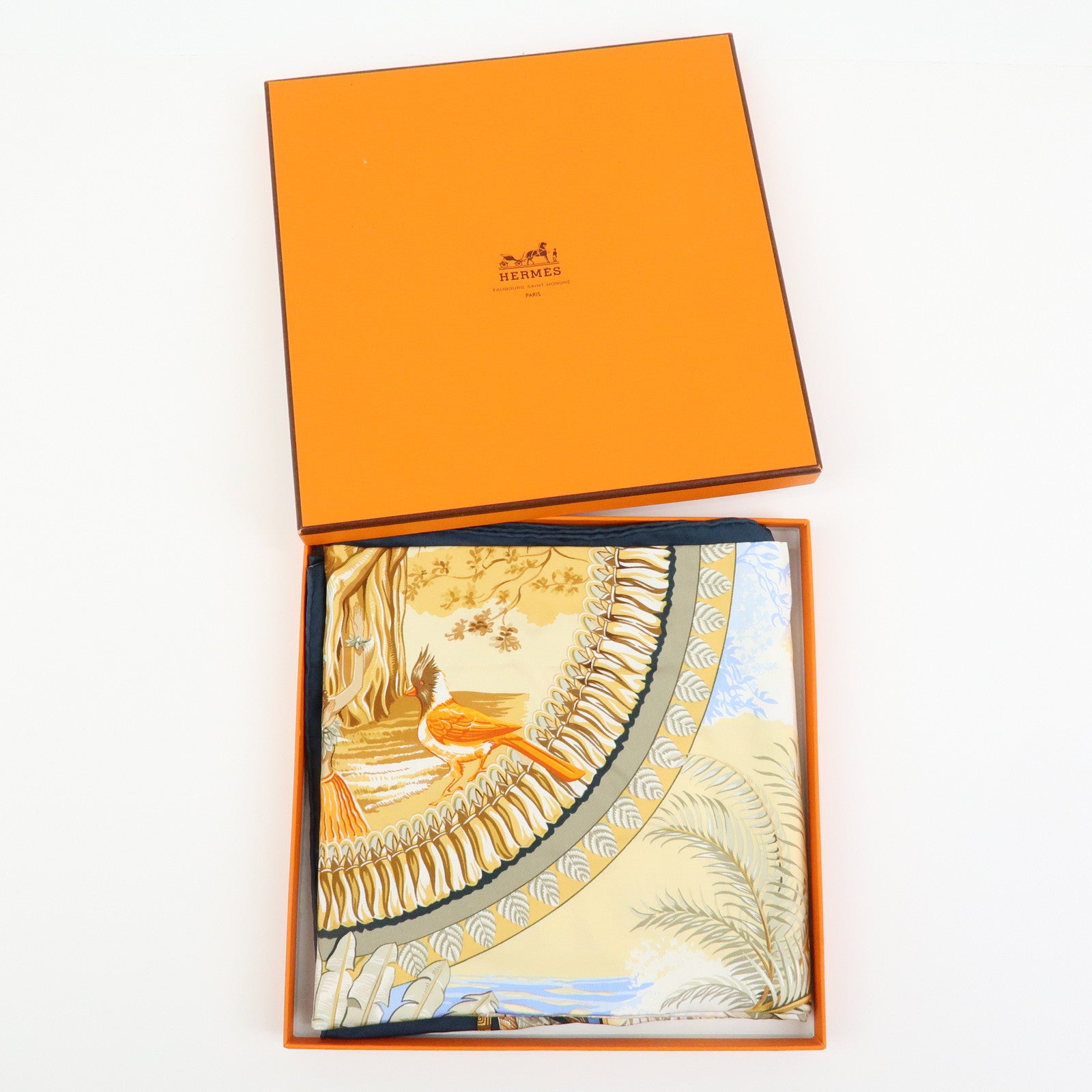 HERMES Carre 90 Silk 100% Scarf ALOHA Navy Light Brown