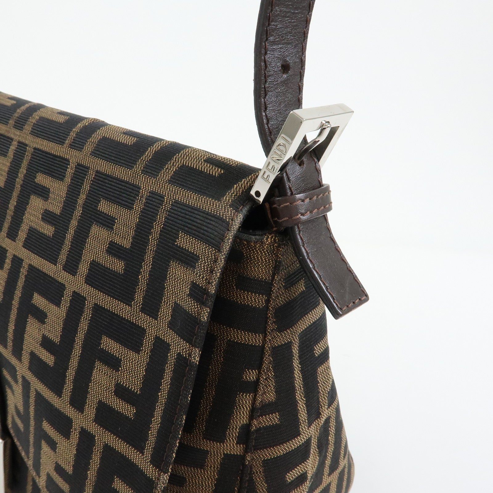 FENDI Mamma Baguette Zucca Canvas Leather Shoulder Bag Brown 26325