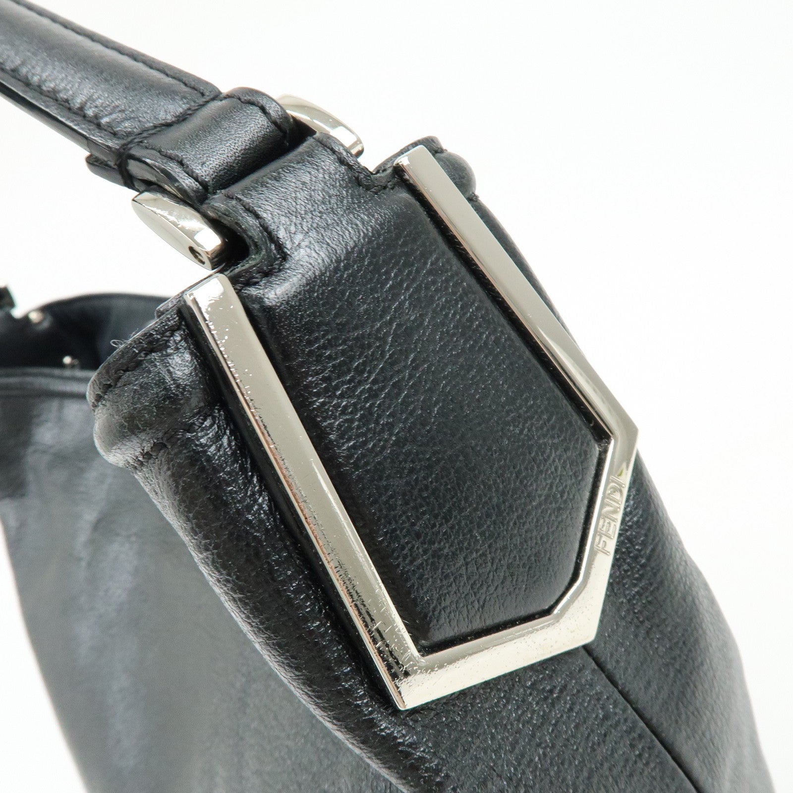 FENDI Leather Shoulder Bag Hand Bag Logo Charm Black 8BR697
