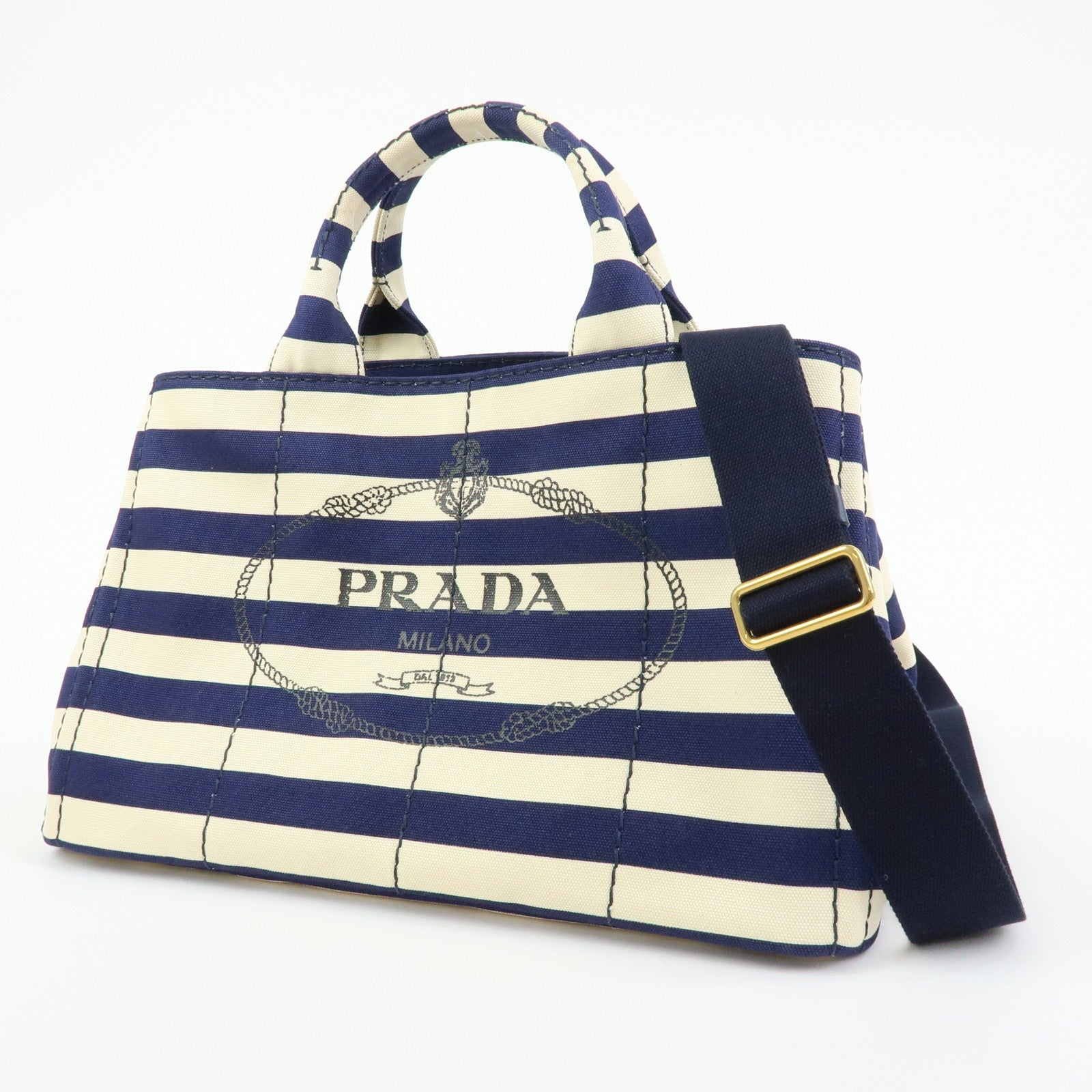 PRADA Canapa Canvas 2Way Bag Hand Bag Stripe Blue White B2642B