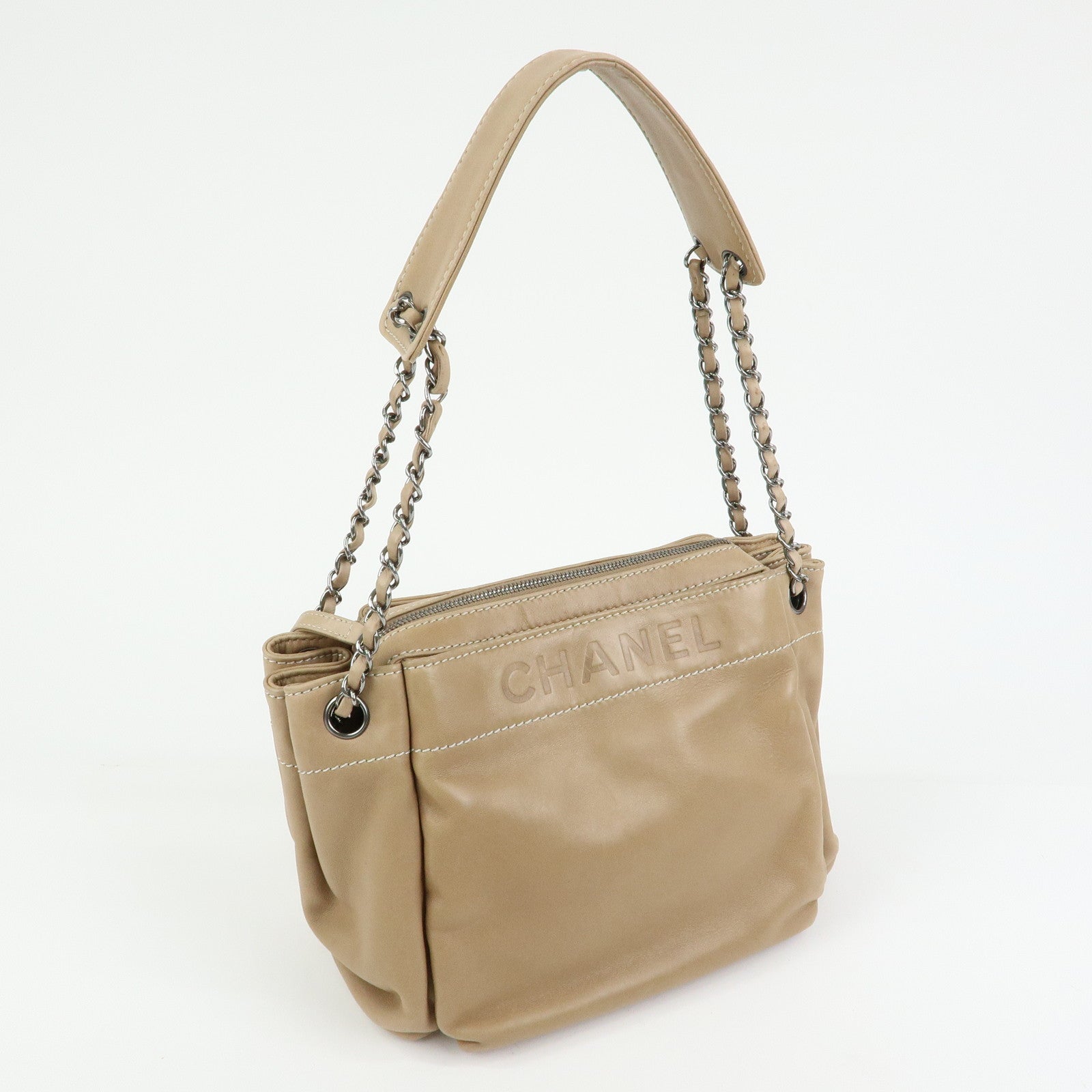 CHANEL LAX Accordion Lamb Skin Chain Shoulder Bag Hand Bag Beige