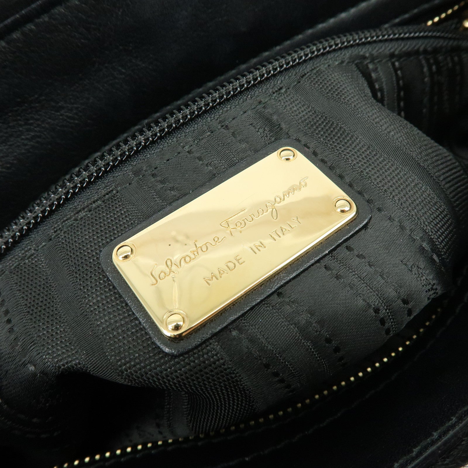 Ferragamo Gancini Unborn Calf Leather 2Way Bag Top Handle Bag Black
