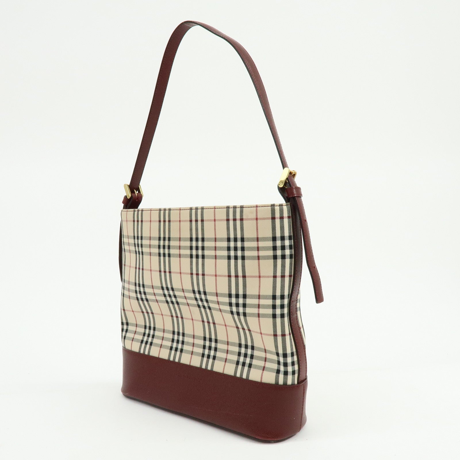 BURBERRY Nova Plaid Canvas Leather Shoulder Bag Hand Bag Beige Bordeaux