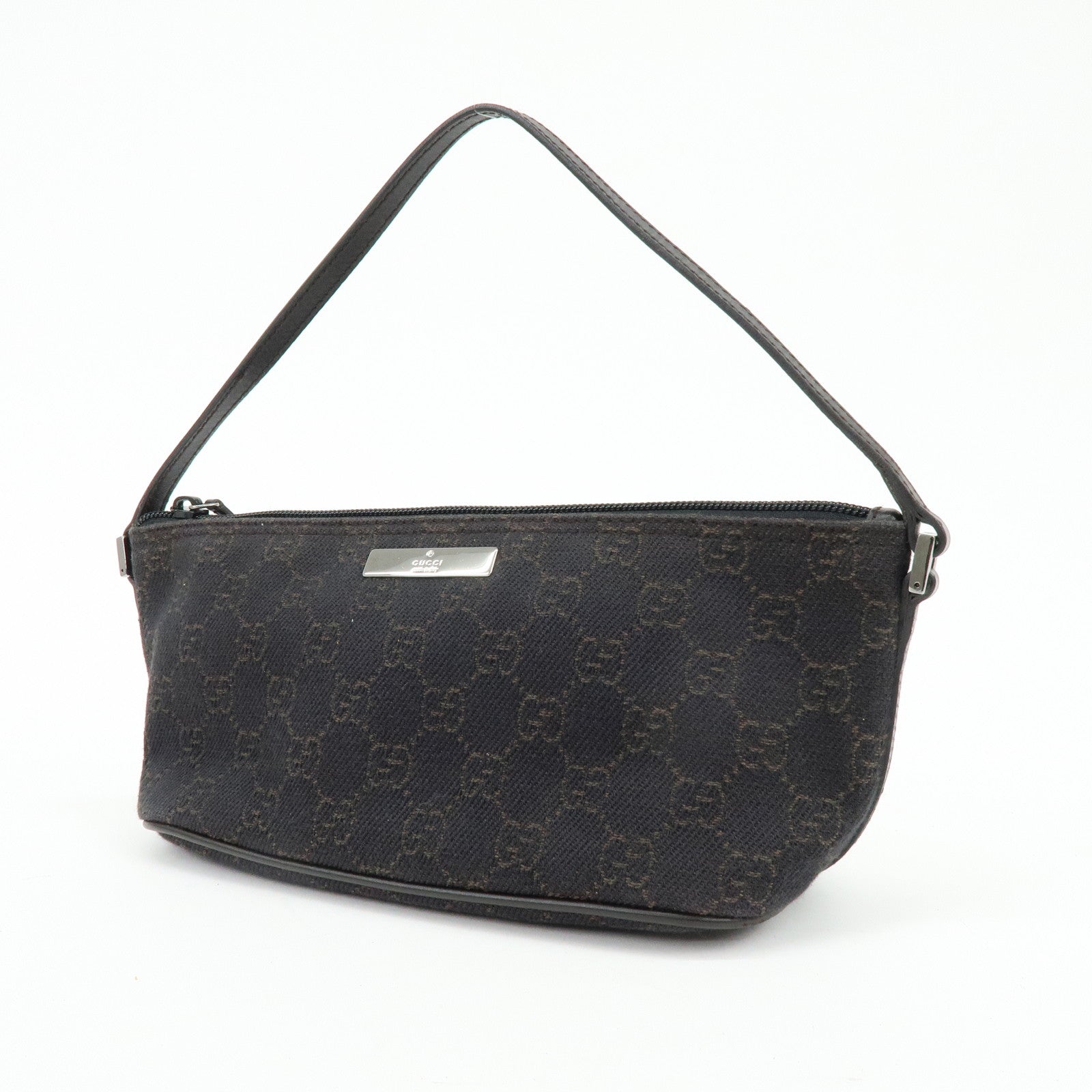 GUCCI Boat Bag GG Canvas Hand Bag Accessory Pouch Dark Brown 07198