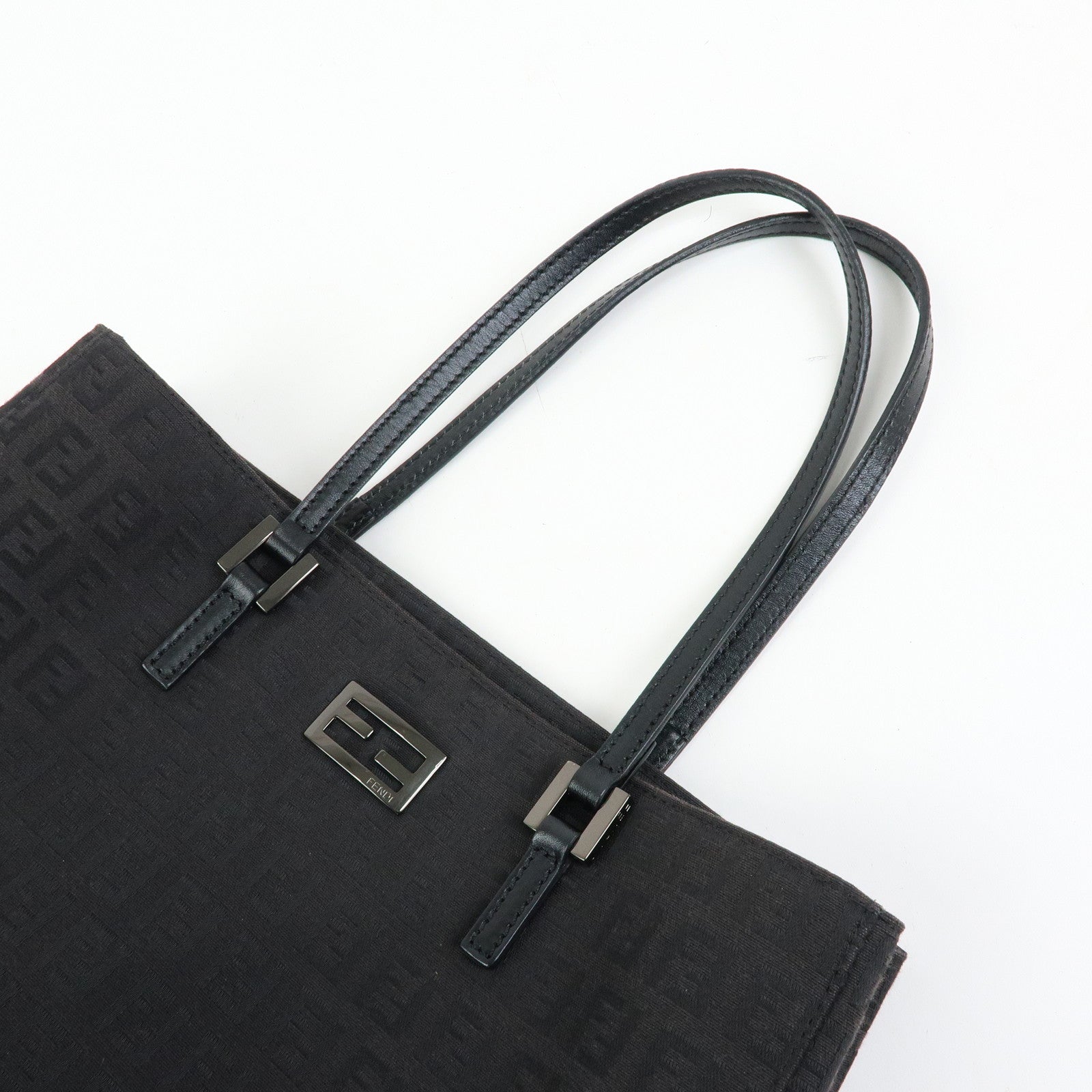 FENDI Zucchino Canvas Leather Tote Hand Bag Black 8BH131